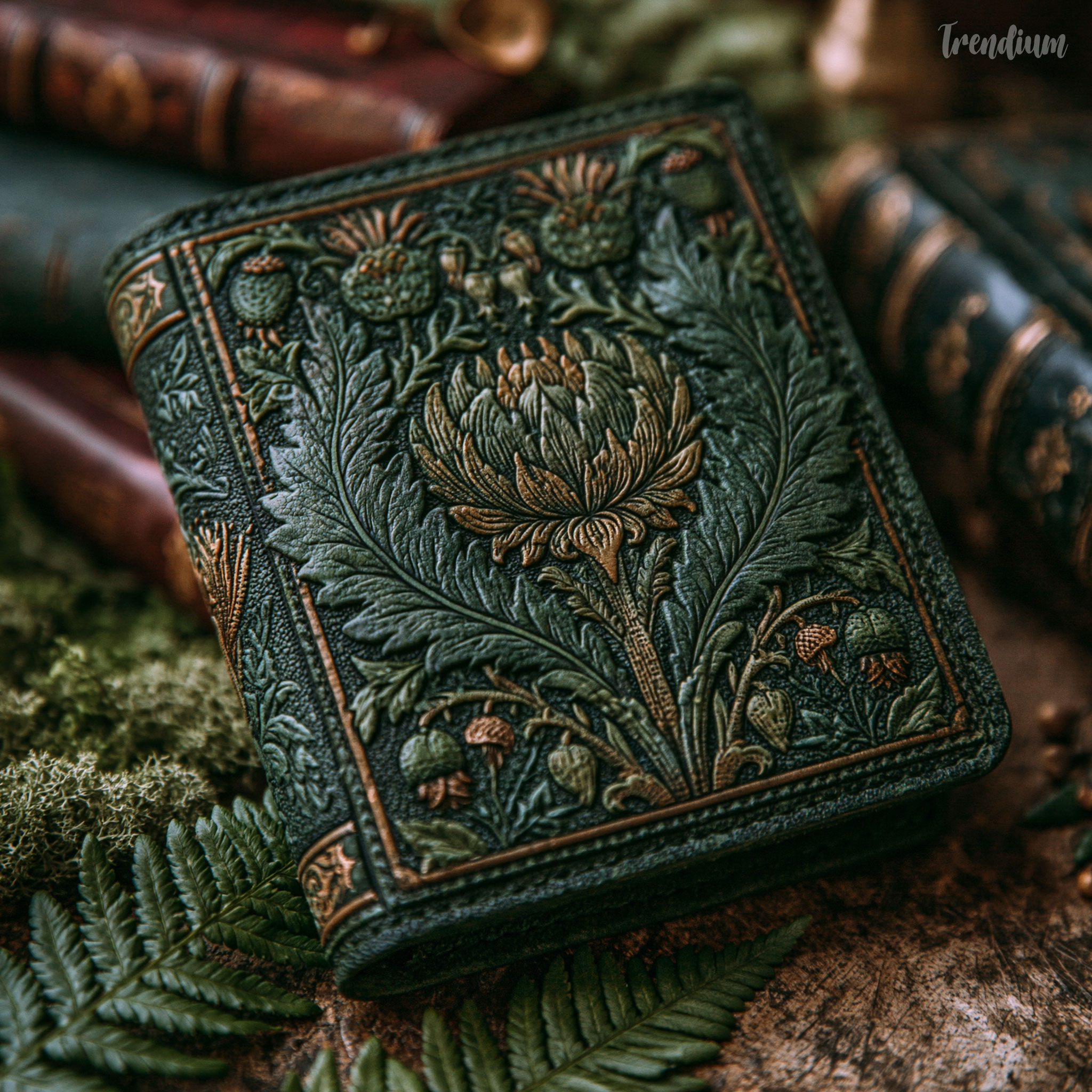 [prompt] botanical pattern wallet design, William Morris inspired floral repeat, rich green palette, embossed leather texture, luxury product photography --raw --stylize 580 --chaos 1 --v 8.1