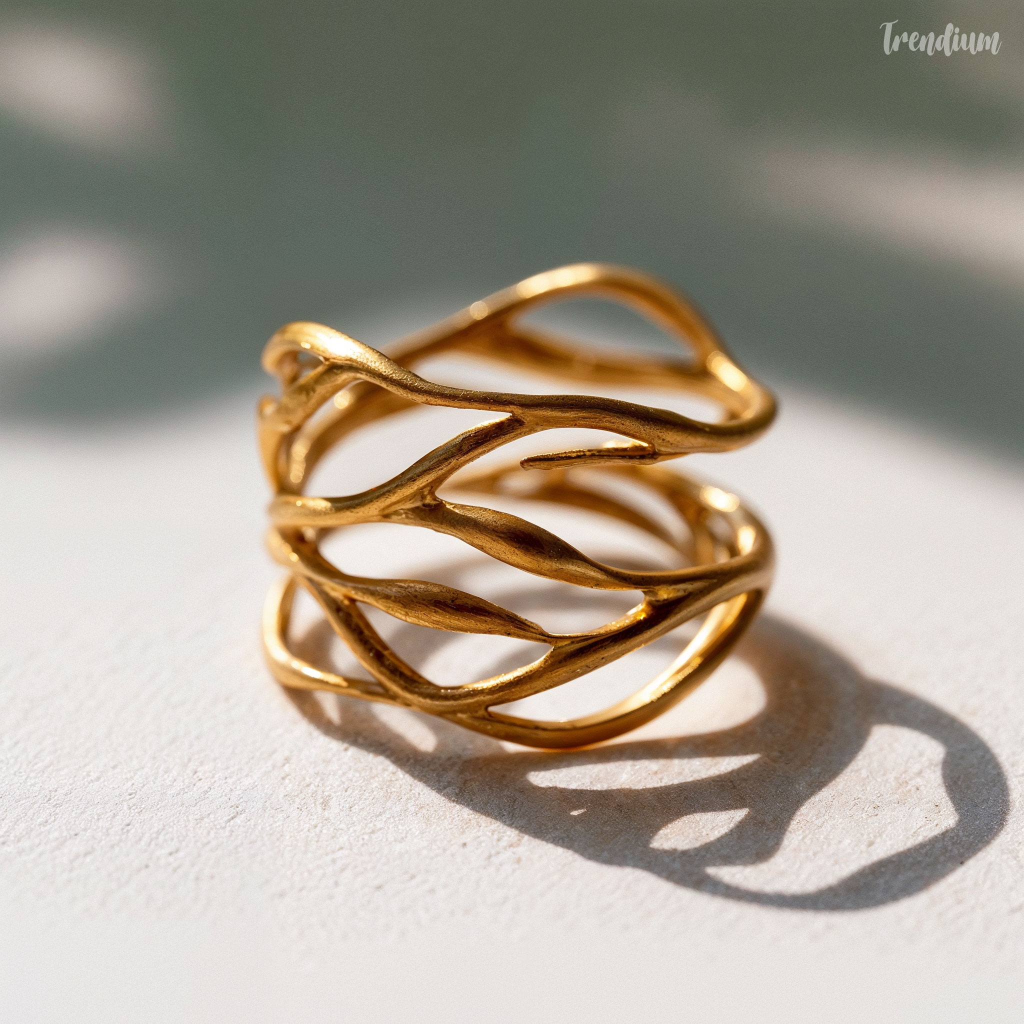 [prompt] vine inspired ring, organic wrapping structure, flowing lines, gold material, natural asymmetry, elegant botanical form, macro shot, soft lighting --v 8.1