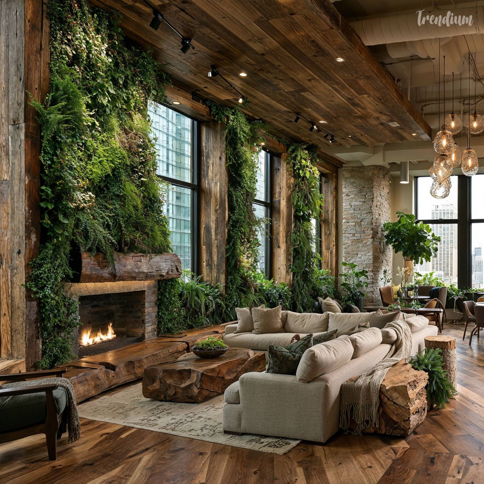 [prompt] biophilic architecture interior, living plant wall installation, floor-to-ceiling greenery, warm wood surfaces, diffused natural light, serene wellness space, botanical and modern harmony --raw --stylize 400 --chaos 3 --v 8.1