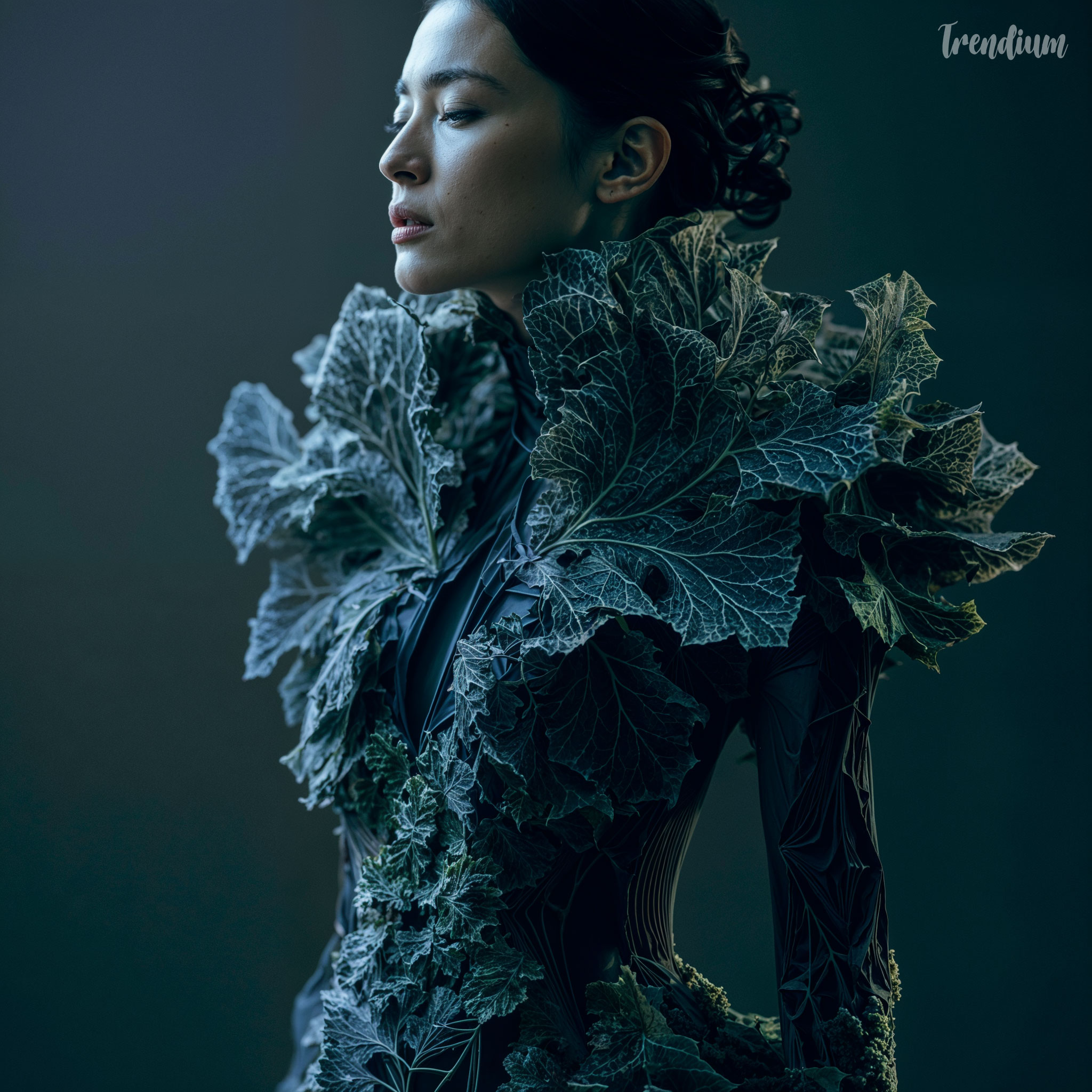 [prompt] generative botanical fashion design, fractal plant structure, layered organic geometry, futuristic silhouette, Korean model in their 20s, dark background, cinematic lighting, avant-garde editorial --v 8.1