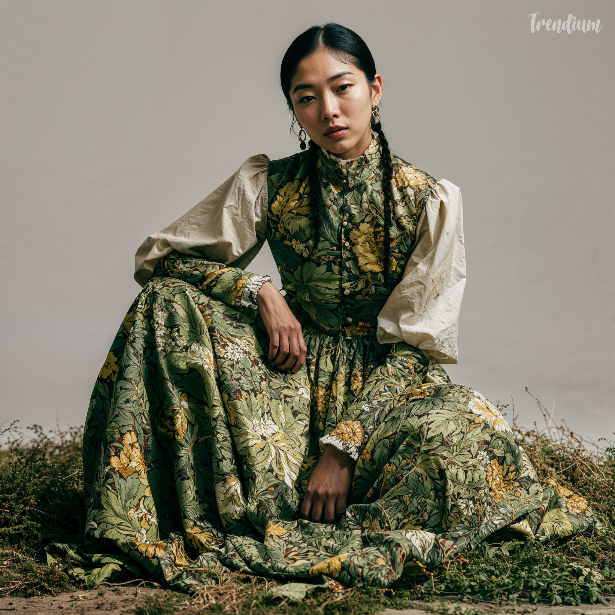 [prompt] botanical textile design outfit, William Morris inspired pattern, modern reinterpretation, Korean model, studio fashion shoot --v 8.1