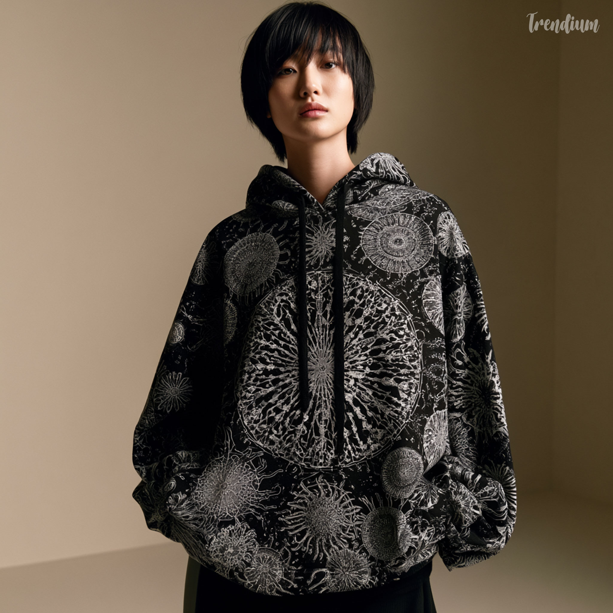 [prompt] haeckel inspired botanical hoodie design, intricate radiolaria pattern, radial symmetry, fine line scientific illustration style, monochrome print on oversized hoodie, Korean model in their 20s, minimal studio background, high fashion editorial, soft diffused lighting --v 8.1