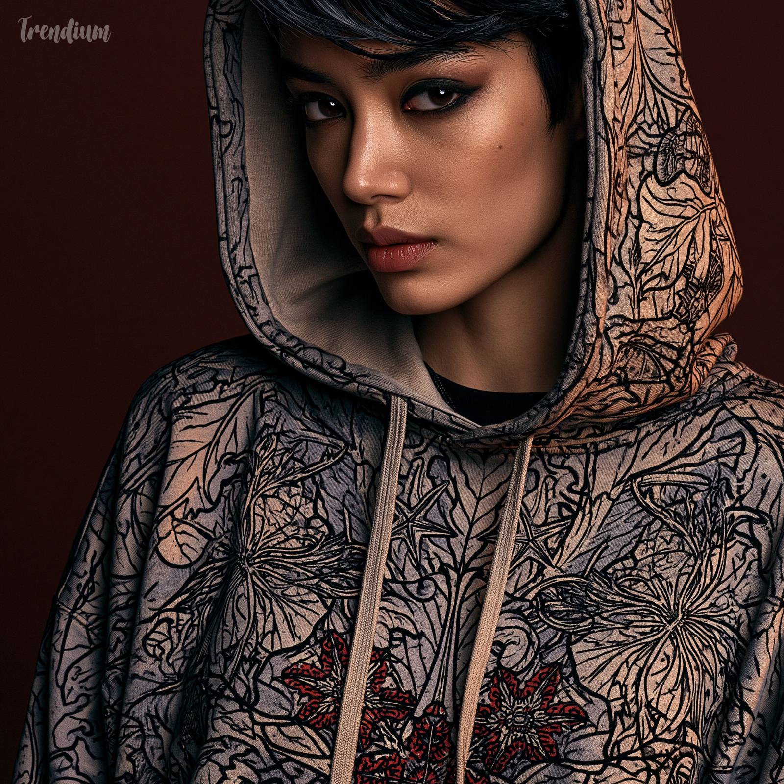 [prompt] haeckel inspired botanical hoodie design, intricate radiolaria pattern, radial symmetry, fine line scientific illustration style, monochrome print on oversized hoodie, Korean model in their 20s, minimal studio background, high fashion editorial, soft diffused lighting --v 8.1 --sref 1892112960