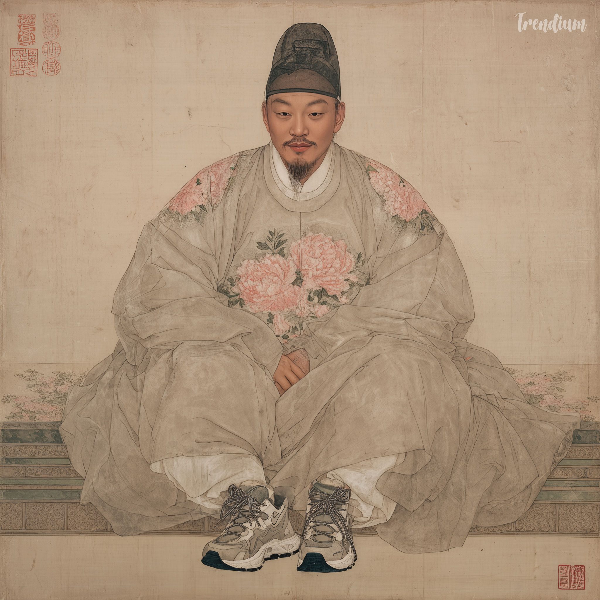 [prompt] A high-quality Neo-Pungsokhwa portrait, Gongpil technique with extremely fine ink outlines and layered mineral washes on a flat cream ivory background. Porcelain skin with subtle coral blush, individual hair strand rendering. Witty and anachronistic, poetic stillness. Dynamic low angle. A man sitting on a minimalist bench, holding a pair of limited-edition chunky sneakers. His Hanbok is decorated with directly painted peony patterns. Witty contrast between the Gongpil-style shoes and traditional robes.