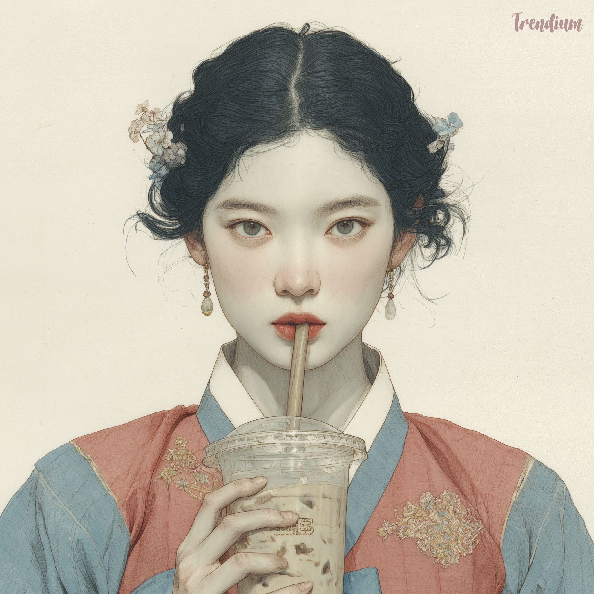 [prompt] 21st-century Korean Pungsokhwa style painting, close-up portrait of stylish Korean woman holding oversized iced coffee cup near her lips, vivid coral hanbok with translucent silk collar glowing in daylight, dramatic cropped composition, warm sunlight across face, delicate ink outlines, vivid cobalt blue and golden yellow accents, editorial fashion illustration mood, textured hanji paper background --p m7452592932164468743