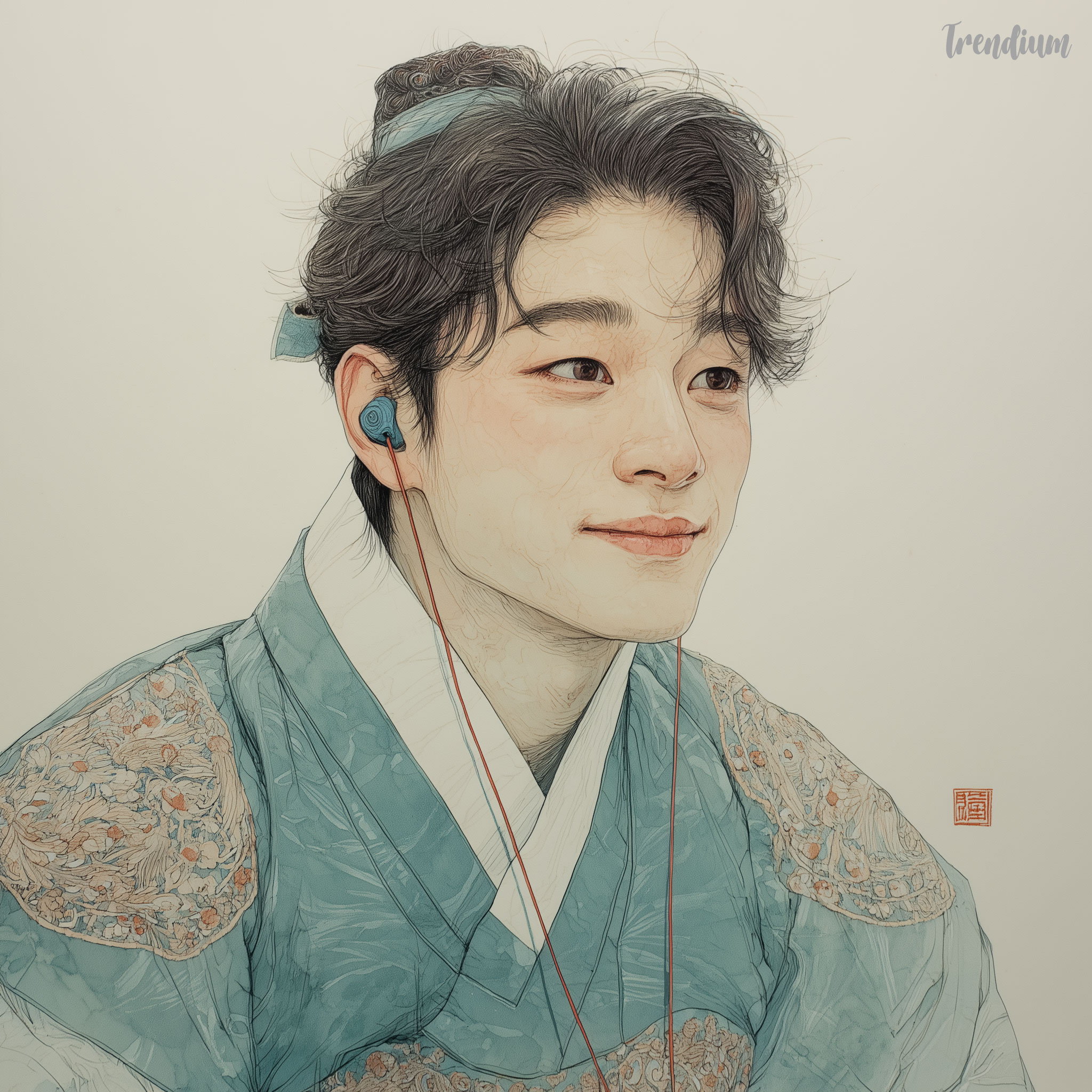 [prompt] 21st-century Korean landscape painting, Gongpil technique, delicate ink outlines, layered mineral watercolor, a beautiful man wearing a gat and a subtle sea-blue robe hanbok, traditional floral patterns directly drawn on hanbok fabric, figure wearing wireless earphones, extremely delicate depiction of every single strand of hair, porcelain-like skin, layered translucent peach watercolor, subtle coral blush, flat cream ivory background, no gradation, bust composition, serene inner expression, witty and anachronistic, poetic tranquility, small red seal in the bottom corner