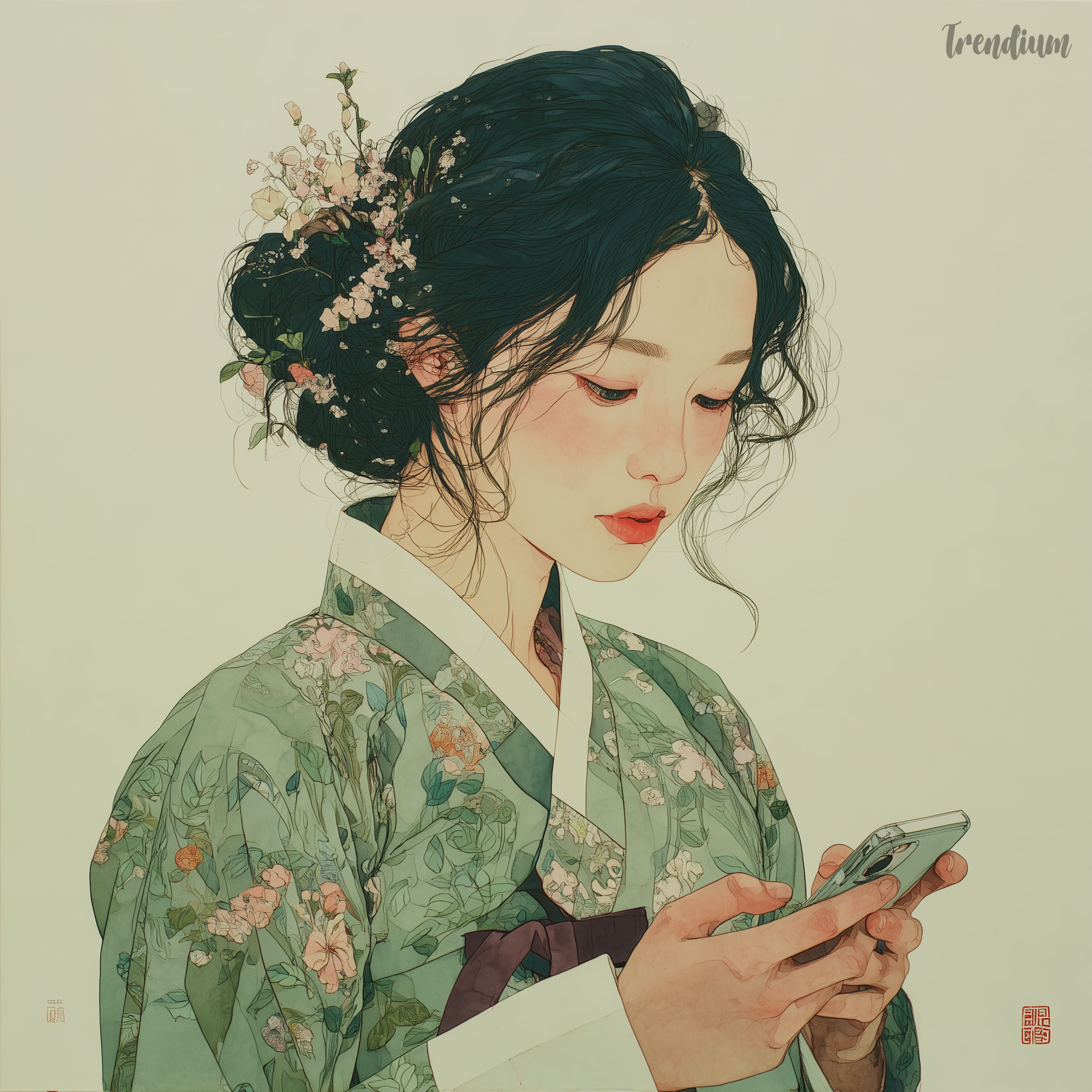 [prompt] 21st-century Korean Pungsokhwa painting, Gongpil technique fine ink outline, layered translucent mineral color wash. Korean woman in sage green floral hanbok, traditional botanical pattern painted on fabric, holding smartphone, eyes cast downward, soft absorbed expression. Porcelain skin layered peach wash, subtle coral blush on cheeks, vivid coral lips. Dense black hair in loose updo, individual strands rendered in fine ink lines, small dried flowers tucked in hair. Flat cream ivory background, no gradient. Muted palette sage, ivory, dusty rose. Small red seal stamp lower right corner. Bust composition, inward serene mood. No text, no calligraphy, no background scene.