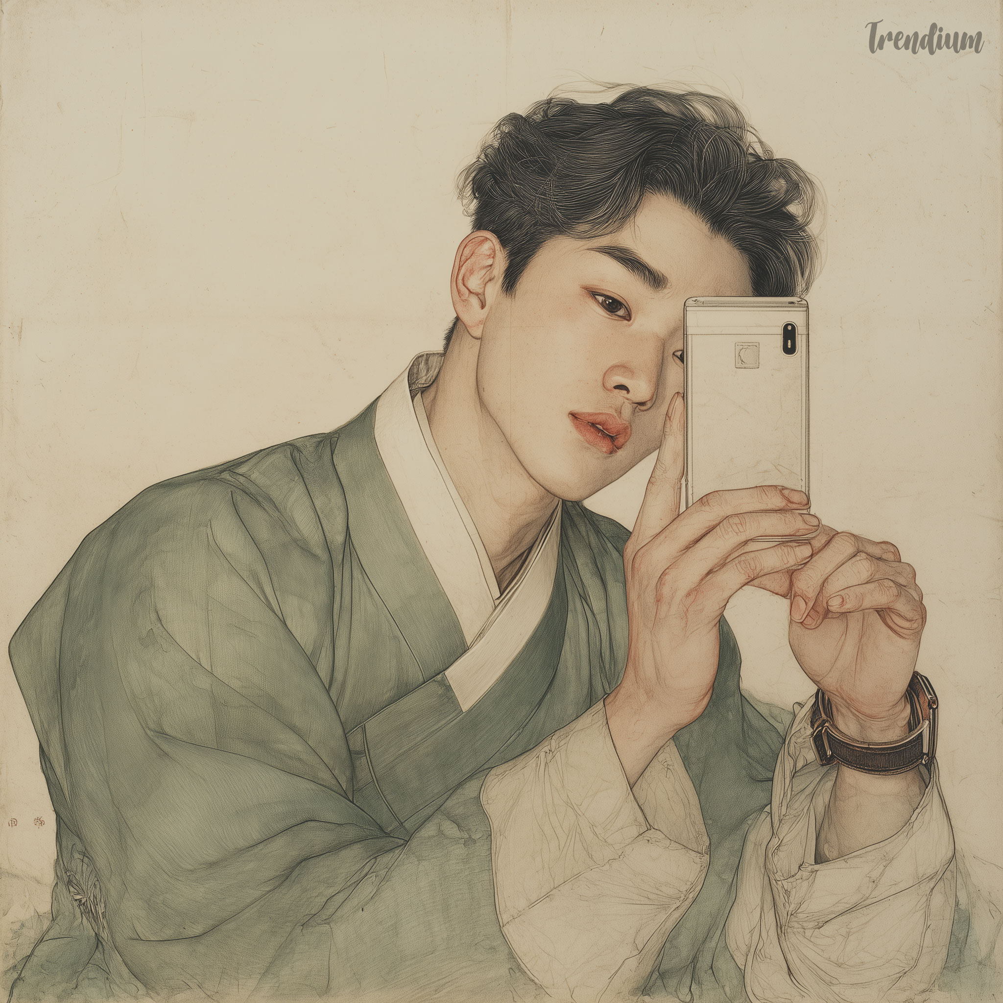 [prompt] A high-quality Neo-Pungsokhwa portrait, Gongpil technique with extremely fine ink outlines and layered mineral washes on a flat cream ivory background. Porcelain skin with subtle coral blush, individual hair strand rendering. Witty and anachronistic, poetic stillness. Bust composition, low angle. A young man in a sage green Hanbok, lifting his sheer sleeve to reveal a smartwatch, taking a mirror selfie with a latest smartphone. Inward serene expression, sharp ink lines on the phone's sleek surface.