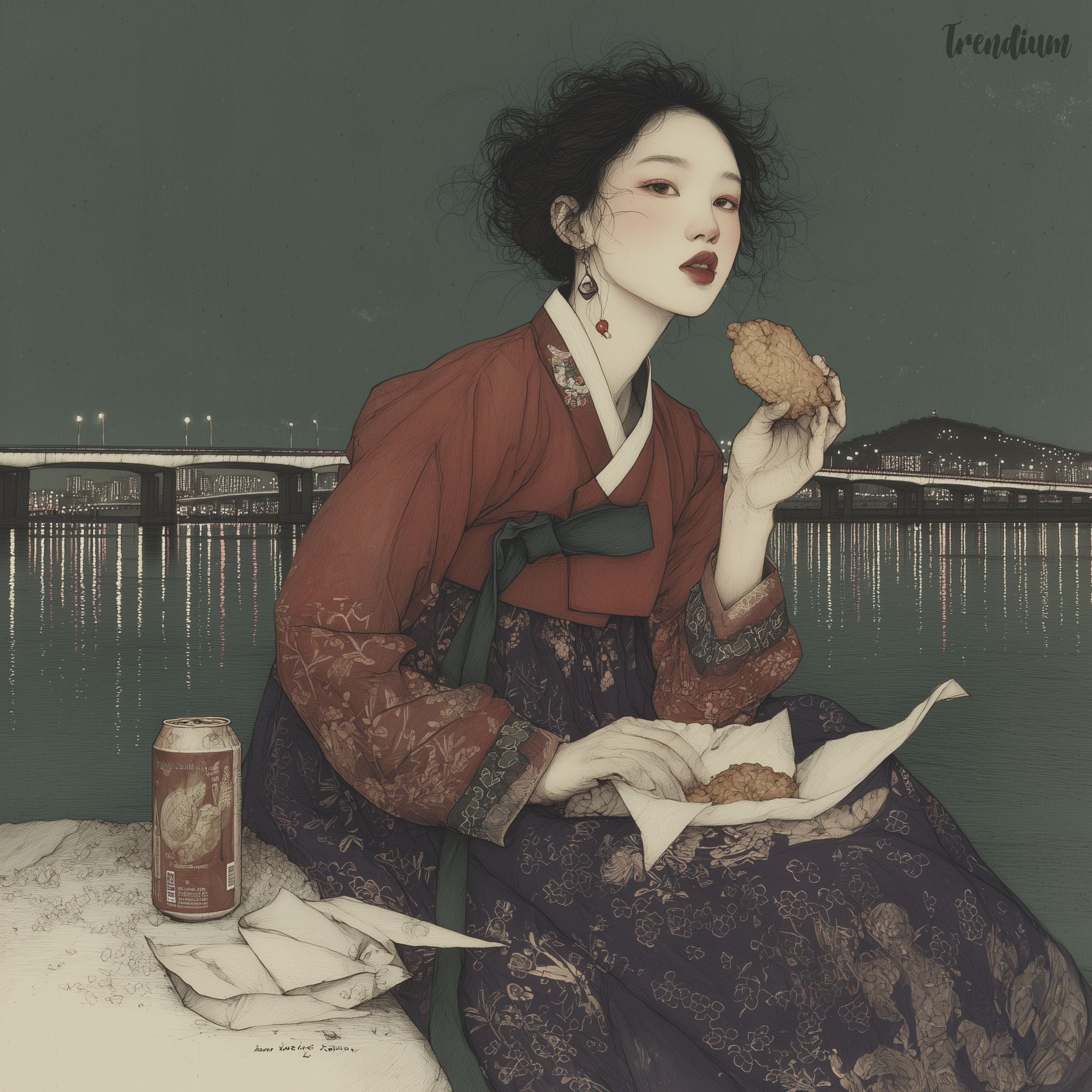 [prompt] 21st-century Korean Pungsokhwa style painting, traditional ink wash on hanji paper, vivid full color palette - saturated coral, cobalt blue, golden yellow. Young Korean woman in bright coral hanbok, sheer translucent outer layer catching river breeze, sitting on Han River bank at night, holding golden fried chicken in one hand, ice-cold beer can in the other. Seoul bridge and city lights in background - rendered in loose ink wash with vivid neon reflections on dark water. Fine ink outlines on figure, botanical ink linework on hanbok pattern. Witty anachronistic composition, vivid color contrast between traditional costume and modern snack culture, poetic urban atmosphere. No text, no calligraphy, no letters. --p m7452592932164468743