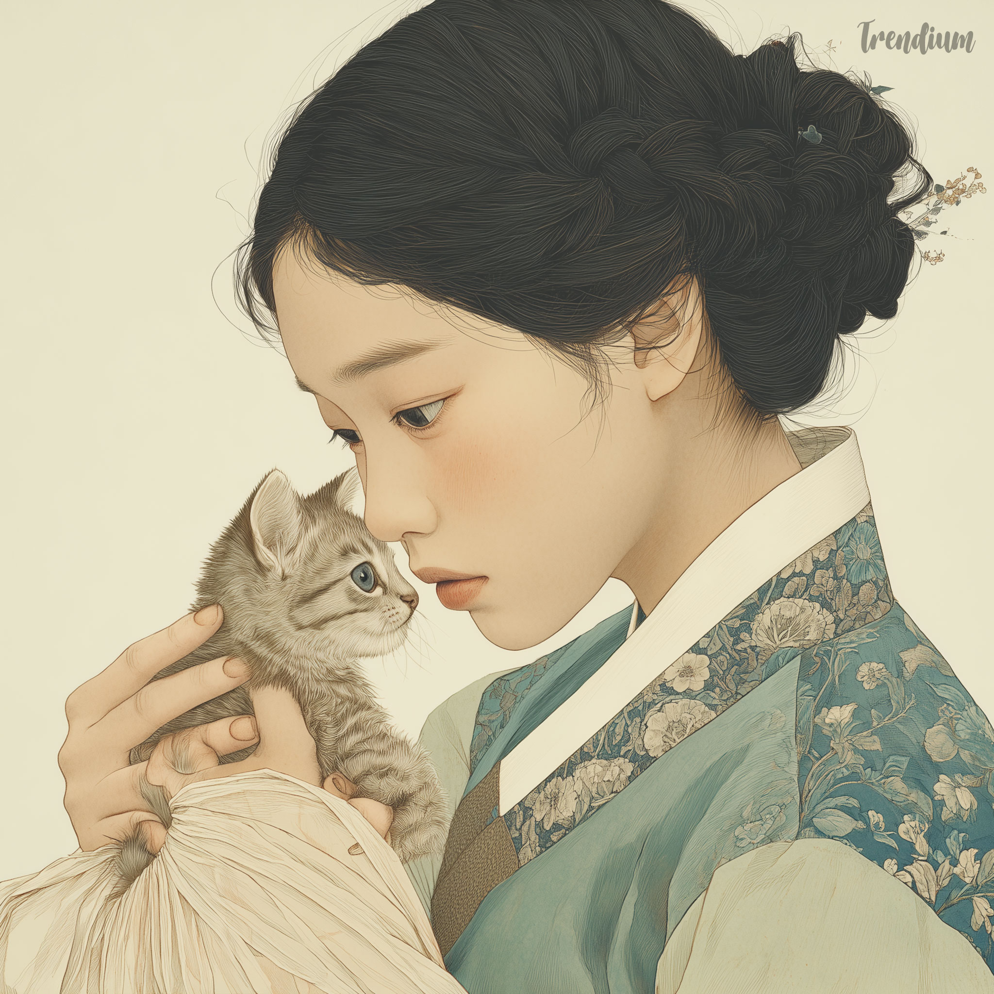 [prompt] 21st-century Korean Pungsokhwa style painting, close-up portrait of a young Korean woman gently holding and caring for a tiny kitten in her arms, vivid cream and peach hanbok with translucent layered silk sleeves softly wrapping around the kitten, warm afternoon sunlight streaming through a quiet indoor space, dramatic intimate editorial composition focused on tender eye contact and delicate hand gestures, fine ink outlines, soft watercolor wash on textured hanji paper, subtle botanical ink patterns on fabric, poetic emotional stillness, contemporary Korean fashion illustration mixed with traditional ink painting aesthetic, vivid yet elegant pastel color palette, no text, no calligraphy, no letters --p m7452592932164468743