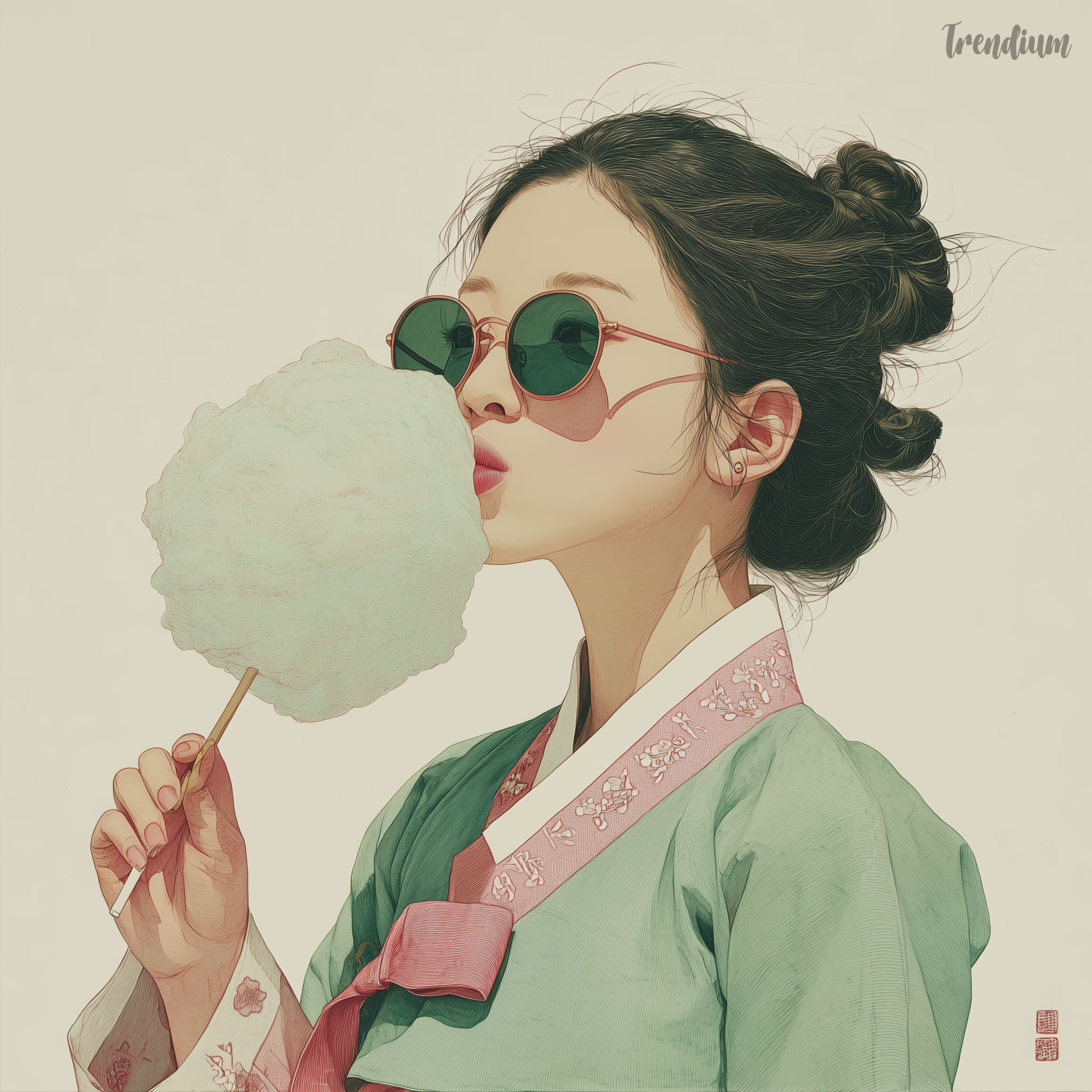 [prompt] 21st-century Korean Pungsokhwa style painting, close-up portrait of stylish Korean Gen Z woman eating oversized pastel cotton candy at a daytime festival, wearing a oversized sunglrasses, vivid lavender and coral hanbok with translucent sheer outer layers flowing softly in the breeze, dramatic low-angle editorial composition focused on glossy lips and delicate fingers holding the cotton candy stick, saturated pink and sky-blue color palette, fine ink outlines and soft watercolor wash on textured hanji paper, contemporary Korean fashion illustration mixed with traditional ink painting, playful yet poetic atmosphere, subtle sunlight glow, no text, no calligraphy, no letters --p m7452592932164468743