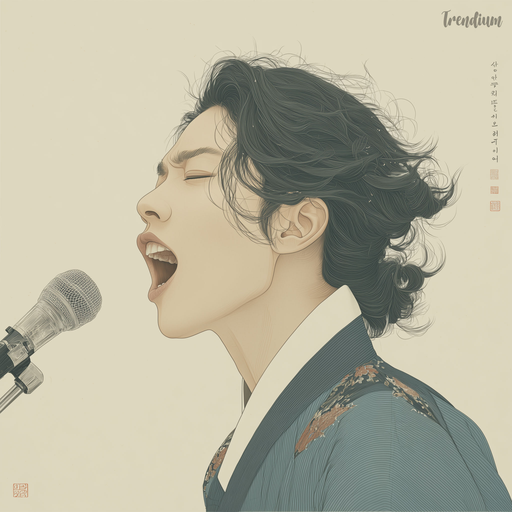 [prompt] 21st-century Korean Pungsokhwa style painting, close-up dynamic portrait of a stylish Korean man passionately singing into a modern microphone, wearing a black gat and contemporary dark navy hanbok with translucent layered silk flowing dramatically around his shoulders, vivid saturated cobalt blue, crimson red, and golden stage lighting accents, intense emotional expression with slightly tousled hair, dramatic low-angle editorial concert composition, fine ink contour drawing and expressive traditional brush linework, textured hanji paper background with subtle watercolor bleeding, contemporary Korean fashion illustration fused with classical Joseon aesthetics, poetic performance atmosphere, no text, no calligraphy, no letters --p m7452592932164468743