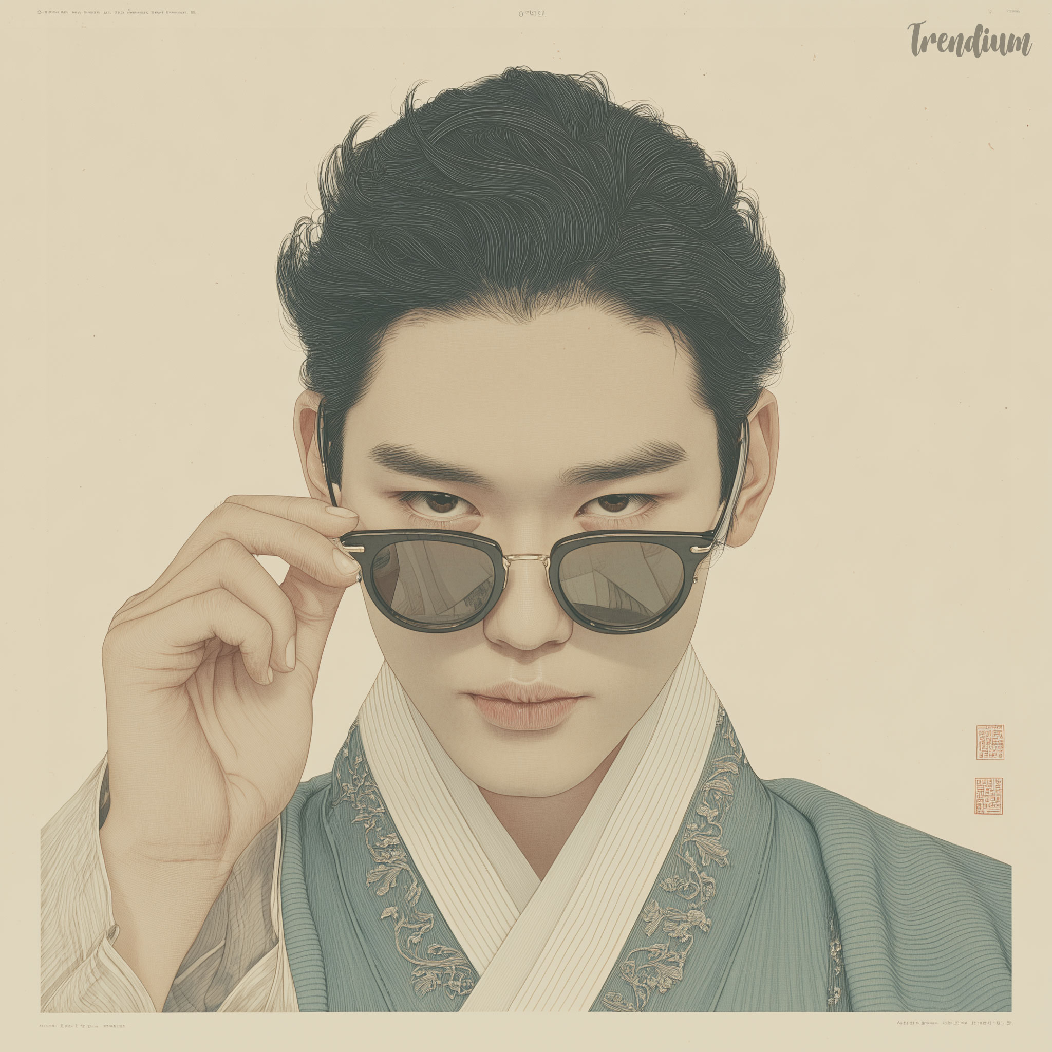 [prompt] 21st-century Korean Pungsokhwa style painting, close-up portrait of a stylish Korean Gen Z man lowering his sunglasses slightly while giving a playful wink toward the viewer, vivid deep navy dopo-inspired modern hanbok with translucent layered fabric around the shoulders, dramatic low-angle editorial composition, strong sunlight reflecting on glossy sunglasses, warm sepia and saturated cobalt-blue color contrast, fine ink contour drawing, traditional ink wash on textured hanji paper, contemporary Korean fashion illustration aesthetic, confident playful expression, poetic urban mood, vivid yet refined color palette, no text, no calligraphy, no letters --p m7452592932164468743