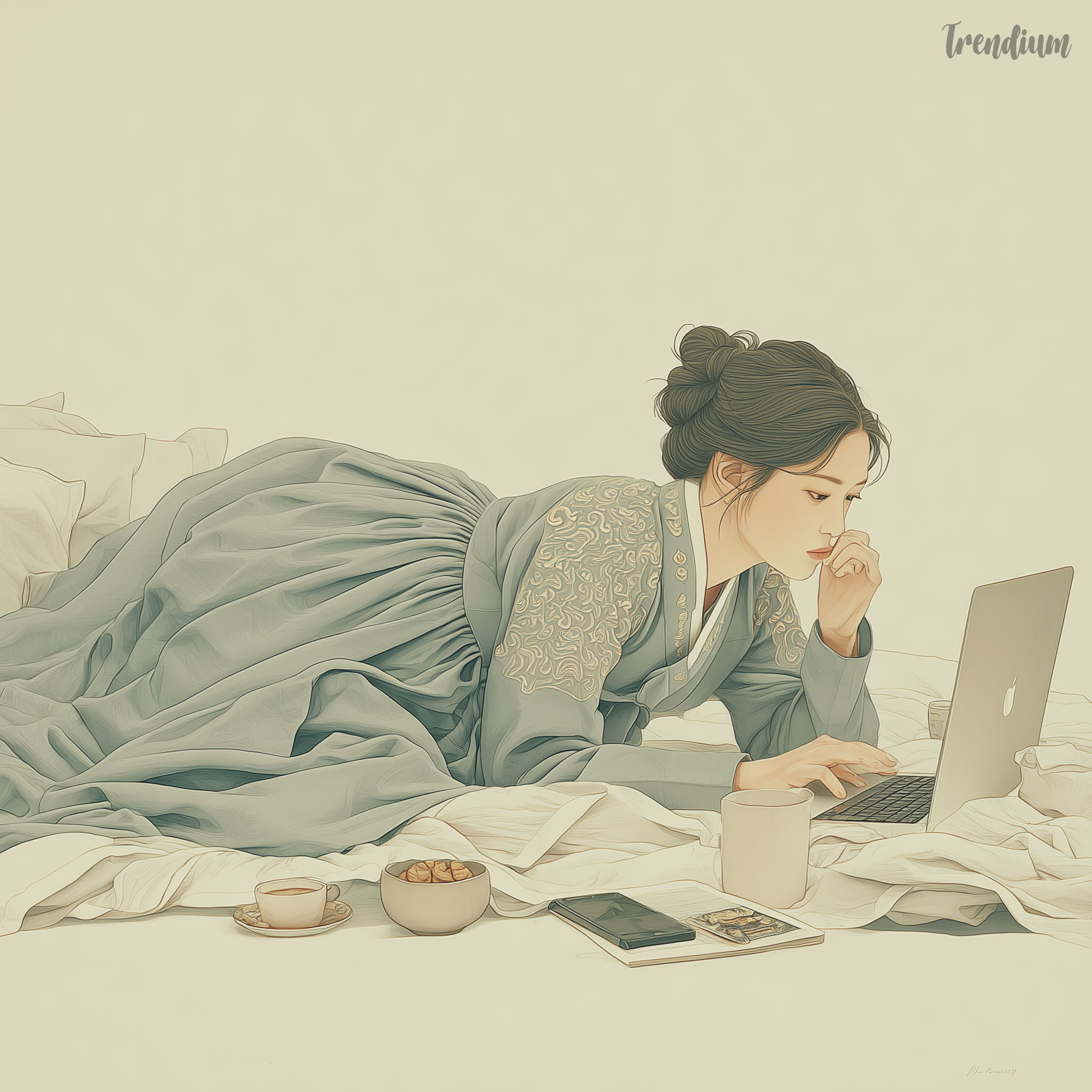 [prompt] contemporary Korean Pungsokhwa illustration, young Korean woman lying upside down across a bed working on laptop late at night, vivid lavender hanbok folds spilling across white sheets, smartphone and snacks scattered around, dramatic editorial overhead angle, glowing screen light against warm sepia ink wash room, translucent fabric details --p m7452592932164468743