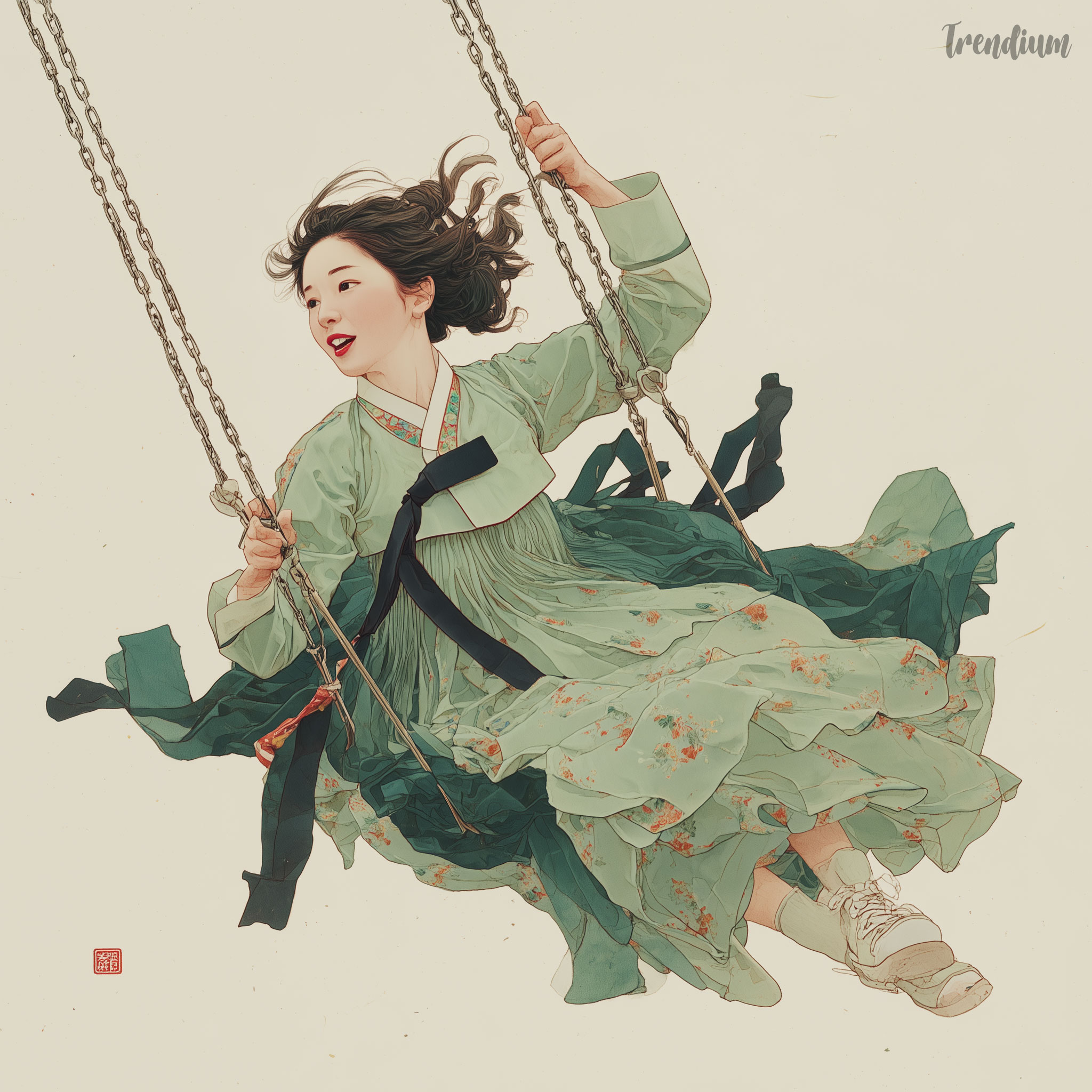 [prompt] 21st-century Korean Pungsokhwa style painting, dramatic bird’s-eye view of a stylish Korean Gen Z woman riding a giant amusement park swing ride at full speed, vivid coral and cobalt hanbok with translucent silk layers exploding outward in the wind, black ribbon ties and sheer sleeves spiraling dynamically through the composition, happy expression with one hand gripping the ride bar and the other reaching outward, saturated neon carnival lights glowing against soft sepia ink wash atmosphere, fine ink contour drawing and expressive traditional brush linework, textured hanji paper background with watercolor bleeding effects, contemporary Korean youth culture fused with poetic folk painting aesthetics, dynamic editorial fashion energy, no text, no calligraphy, no letters --p m7452592932164468743