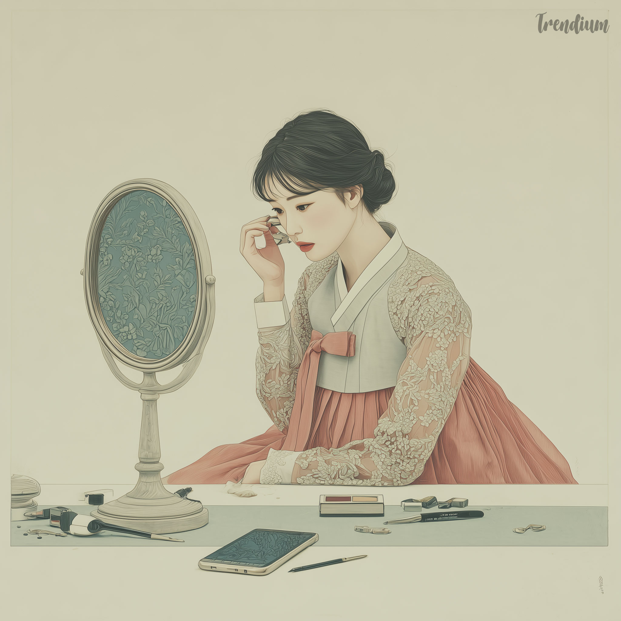 [prompt] modern Korean Pungsokhwa painting, Korean woman trimming bangs in front of salon mirror during daytime, vivid coral-pink hanbok with sheer translucent layers, dramatic close-up reflection angle, scattered makeup tools and smartphone on counter, bright daylight mixed with soft interior glow, editorial beauty campaign mood --p m7452592932164468743