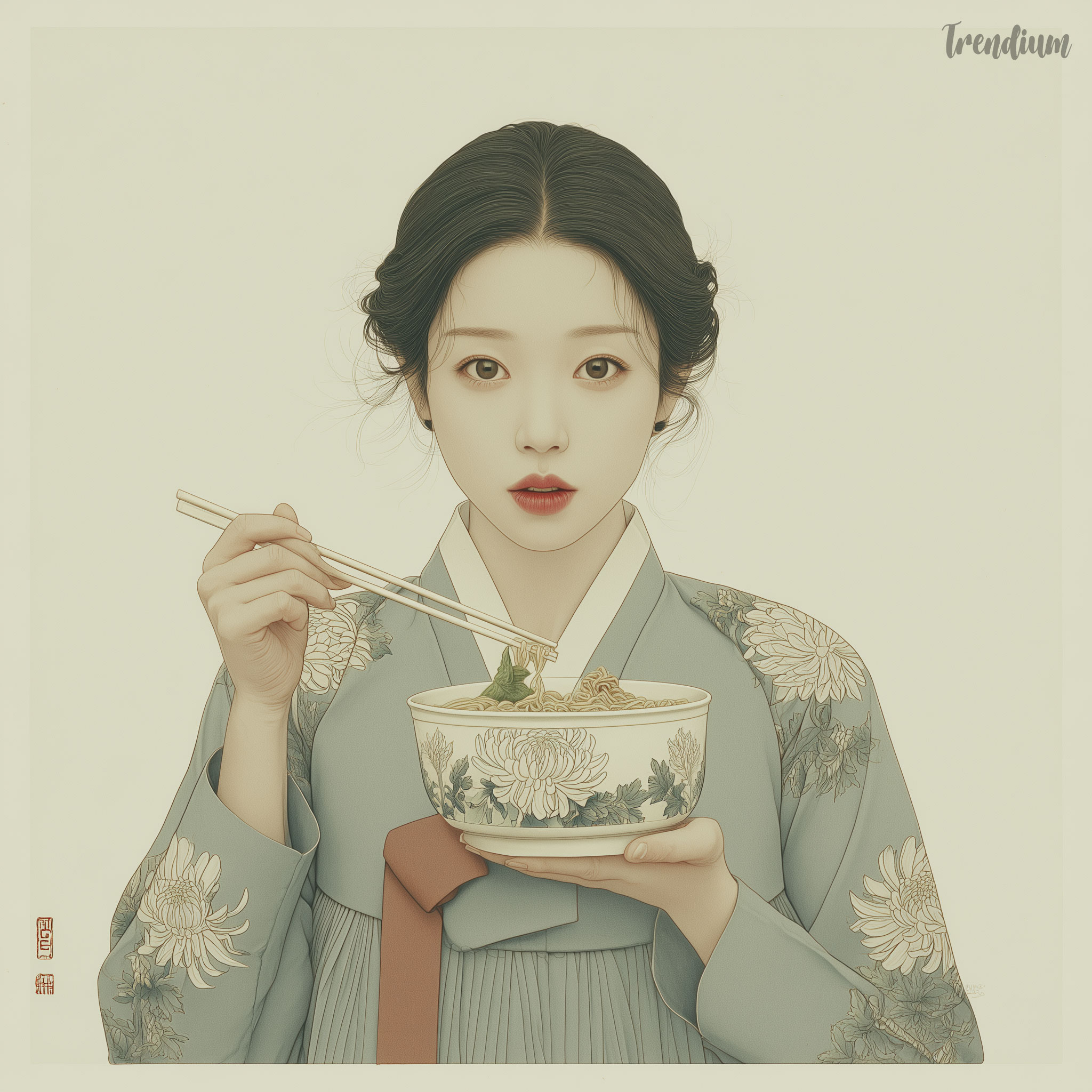 [prompt] 21st-century Korean Pungsokhwa painting, Gongpil technique, fine ink outline, layered mineral wash, Korean woman in terracotta hanbok, traditional chrysanthemum pattern directly painted on hanbok fabric, standing in front of convenience store at night, holding instant ramen cup with chopsticks mid-bite, modern object rendered in same Gongpil brushwork, naturally integrated, shot from slightly below - figure backlit by convenience store fluorescent glow, cool blue-white light rim on hair and shoulders, porcelain skin, layered translucent peach wash, vivid coral lip accent, extremely fine individual hair strand rendering, flat cream ivory background, no gradient, witty and anachronistic, poetic stillness, small red seal stamp lower corner --p m7452592932164468743