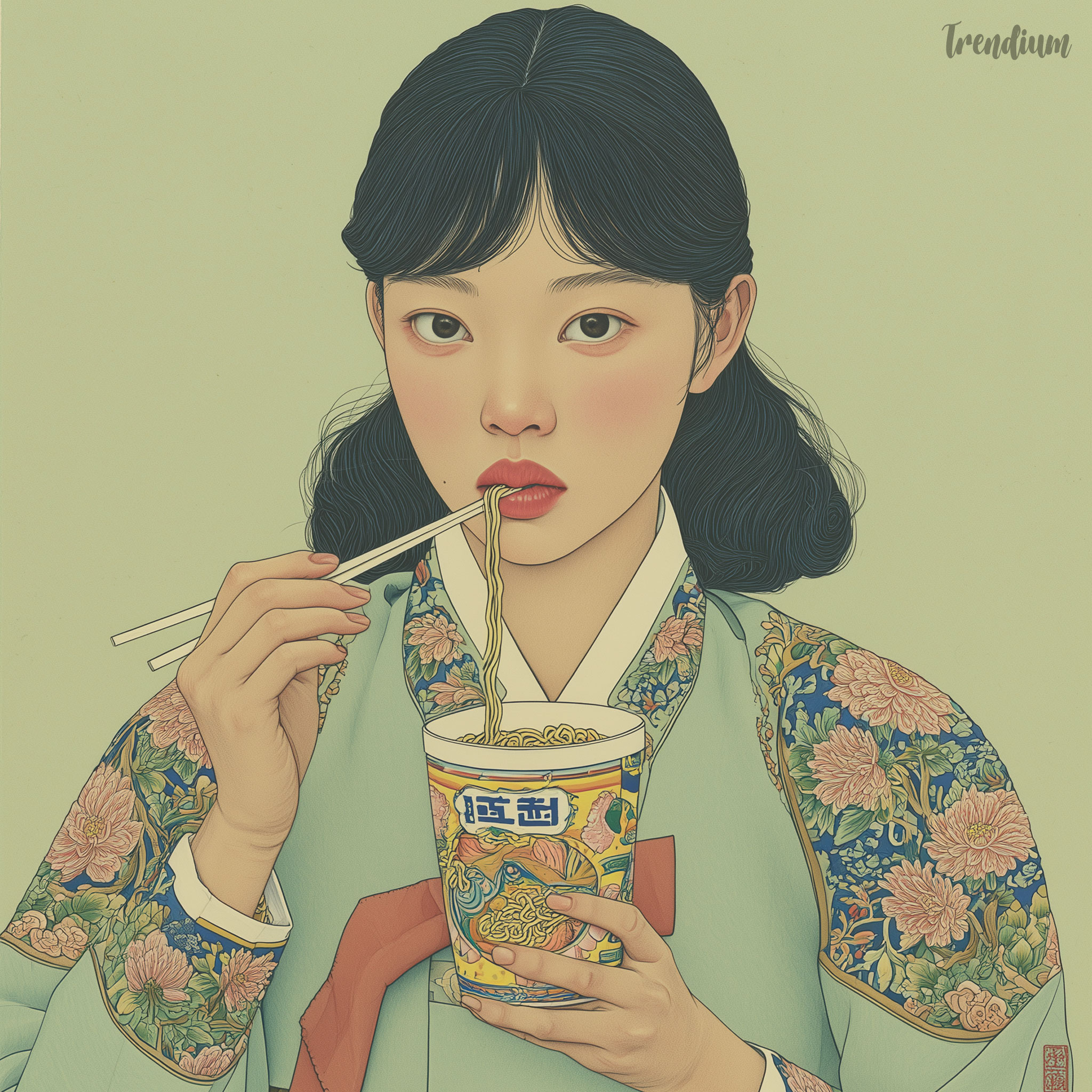 [prompt] 21st-century Korean Pungsokhwa painting, Gongpil technique, fine ink outline, layered mineral wash, Korean woman in terracotta hanbok, traditional chrysanthemum pattern directly painted on hanbok fabric, standing in front of convenience store at night, holding instant ramen cup with chopsticks mid-bite, modern object rendered in same Gongpil brushwork, naturally integrated, shot from slightly below - figure backlit by convenience store fluorescent glow, cool blue-white light rim on hair and shoulders, porcelain skin, layered translucent peach wash, vivid coral lip accent, extremely fine individual hair strand rendering, flat cream ivory background, no gradient, witty and anachronistic, poetic stillness, small red seal stamp lower corner --p m7452592932164468743 --sref 1170480417