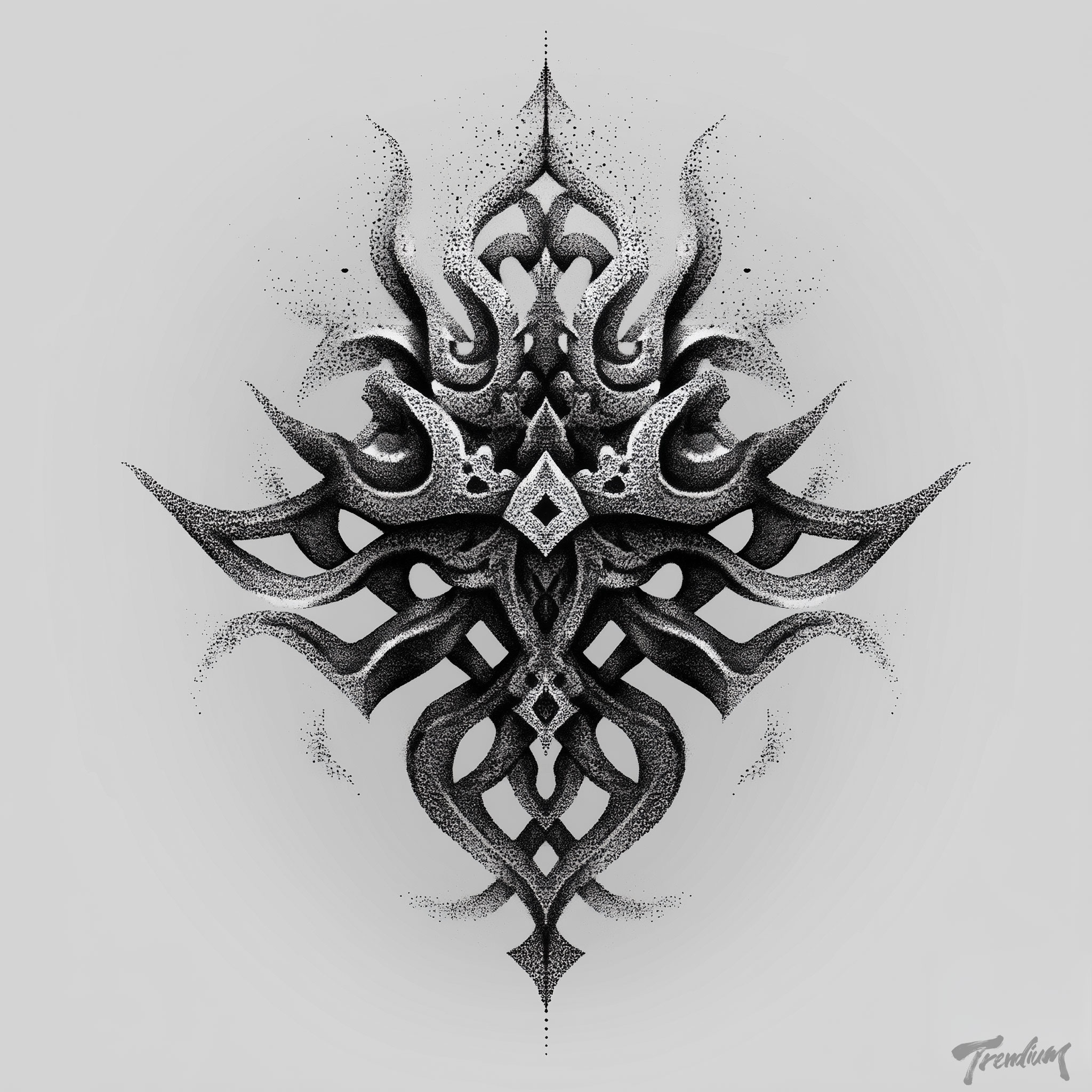 [prompt] blackwork tattoo design, cybersigilism style, neo-tribal sigil, thorned geometry, intricate dotwork and single needle linework, dark mystical, symmetrical composition, white background --raw --stylize 150