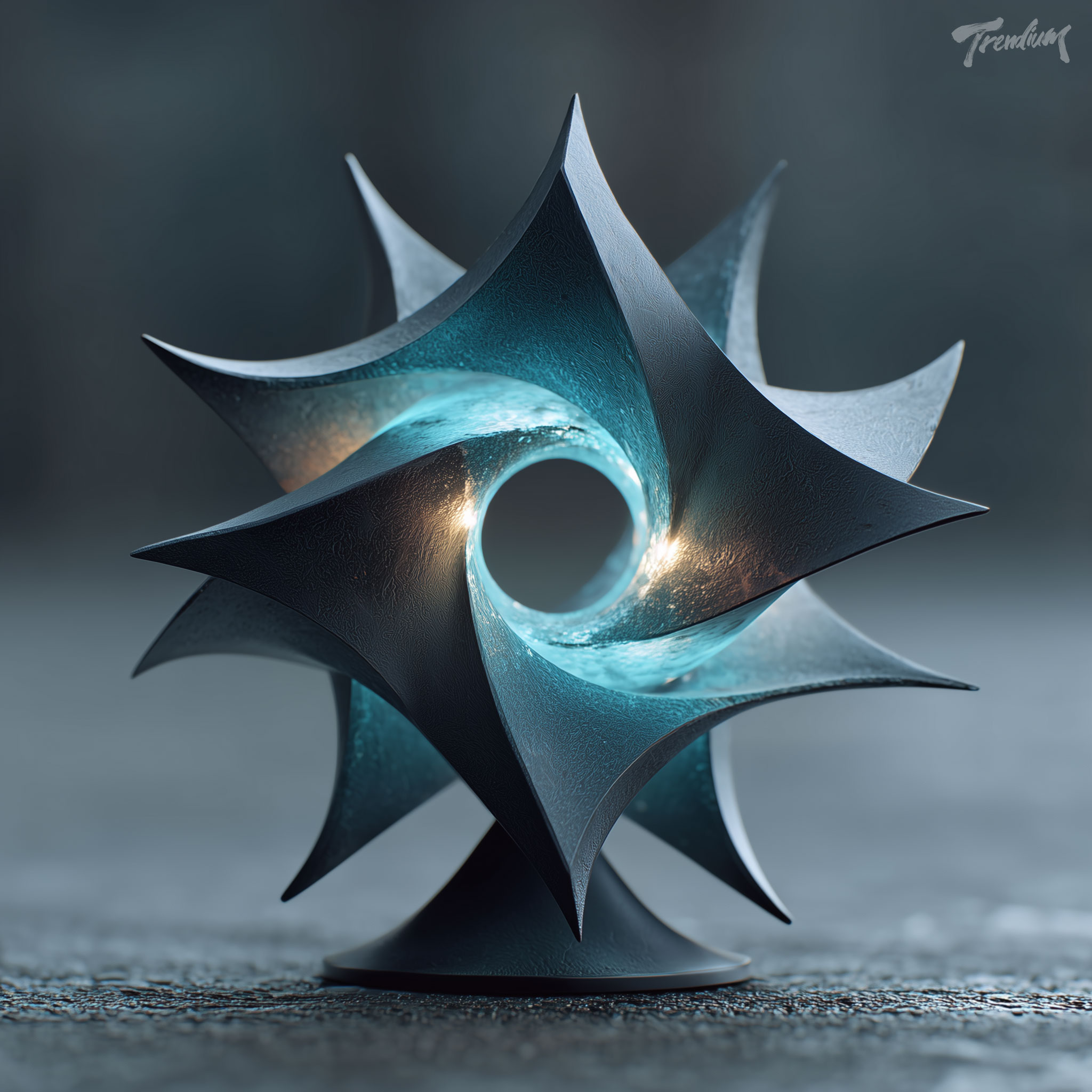[prompt] professional product photograph of a modern sculptural desk lamp, featuring layered sharp angular lines and a complex glowing sigil circle core. matte chrome silver and dark obsidian finish, thorned geometry structure refracting electric cyan light across a dark void background, digital noise texture, minimal studio layout --raw --stylize 420 --chaos 1
