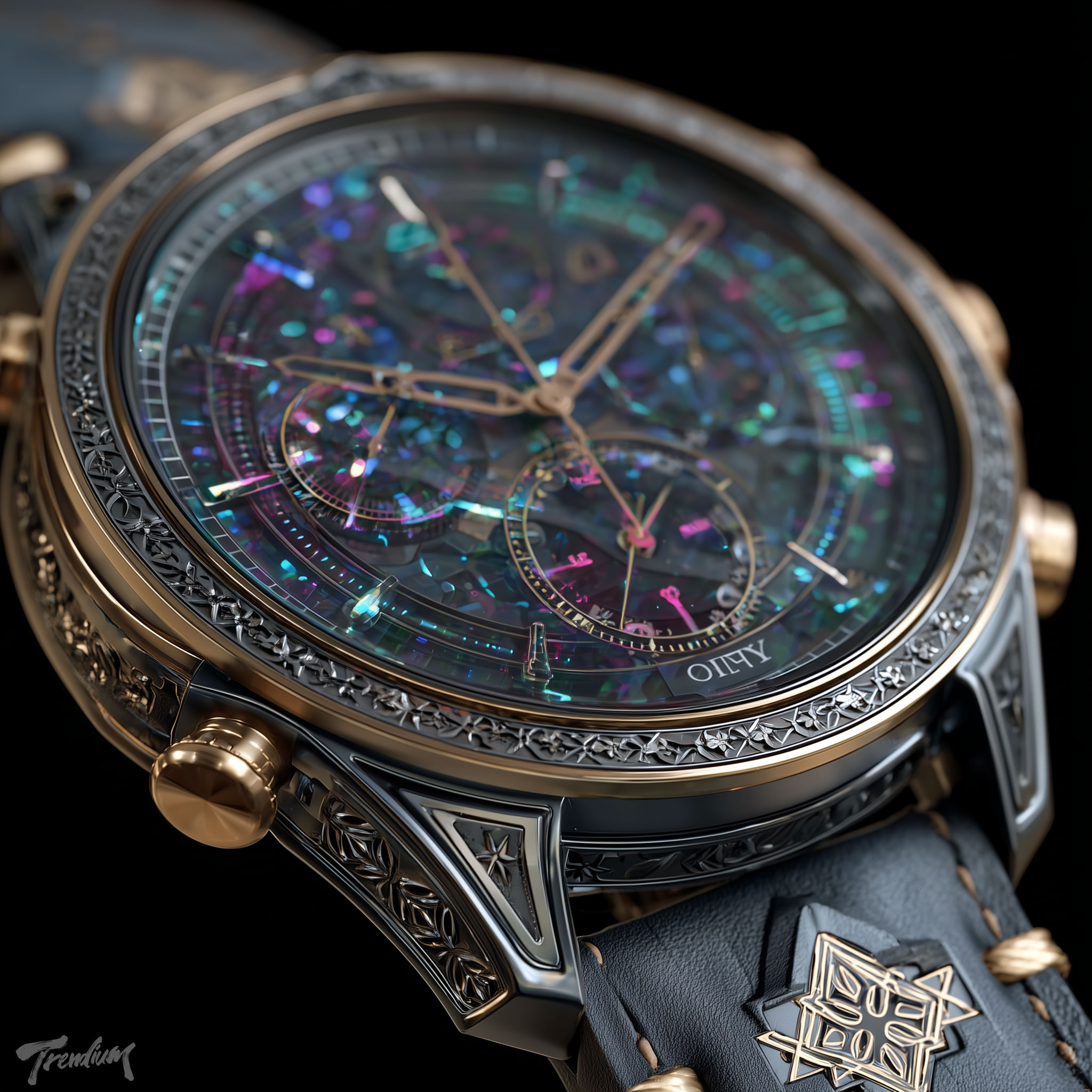 [prompt] A close-up macro product shot of a futuristic luxury smartwatch. the obsidian black titanium strap is intricately engraved with single needle linework of thorned geometry, the digital screen displaying an arcane tech holographic interface. void black background, chromatic aberration, cinematic product concept art --raw --stylize 550 --weird 1 --exp 1 --chaos 1