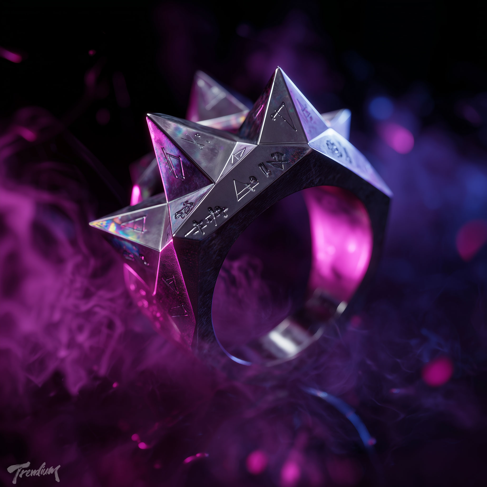 [prompt] A professional product photograph of ritualistic jewelry, a sharp angular chrome ring with thorned geometry and subtle occult markings. floating in a dark void background, neon purple holographic sheen, crisp details, luxurious dark mystical mood --raw --stylize 120 --weird 5