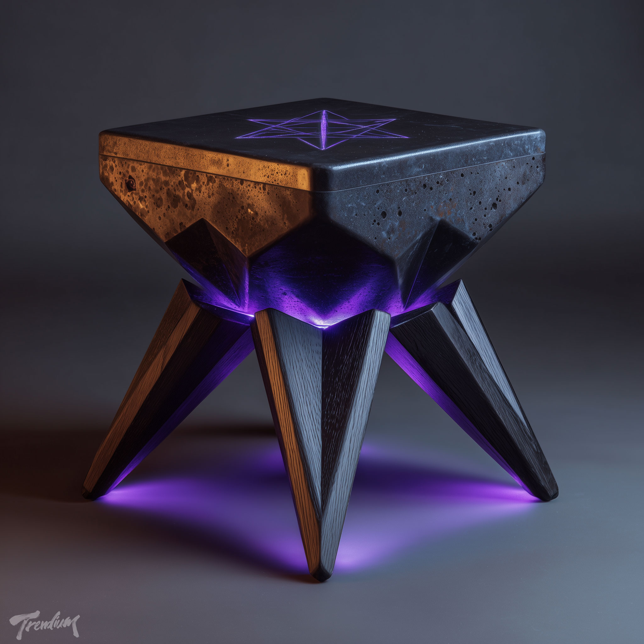 [prompt] A modern sculptural side table with sculptural accessories style legs, featuring sharp angular lines and thorned geometry. matte void black finish with chrome silver sigil glyph engraved on the top surface, neon purple accent lighting underneath, studio lighting, minimal dark background --raw --stylize 550