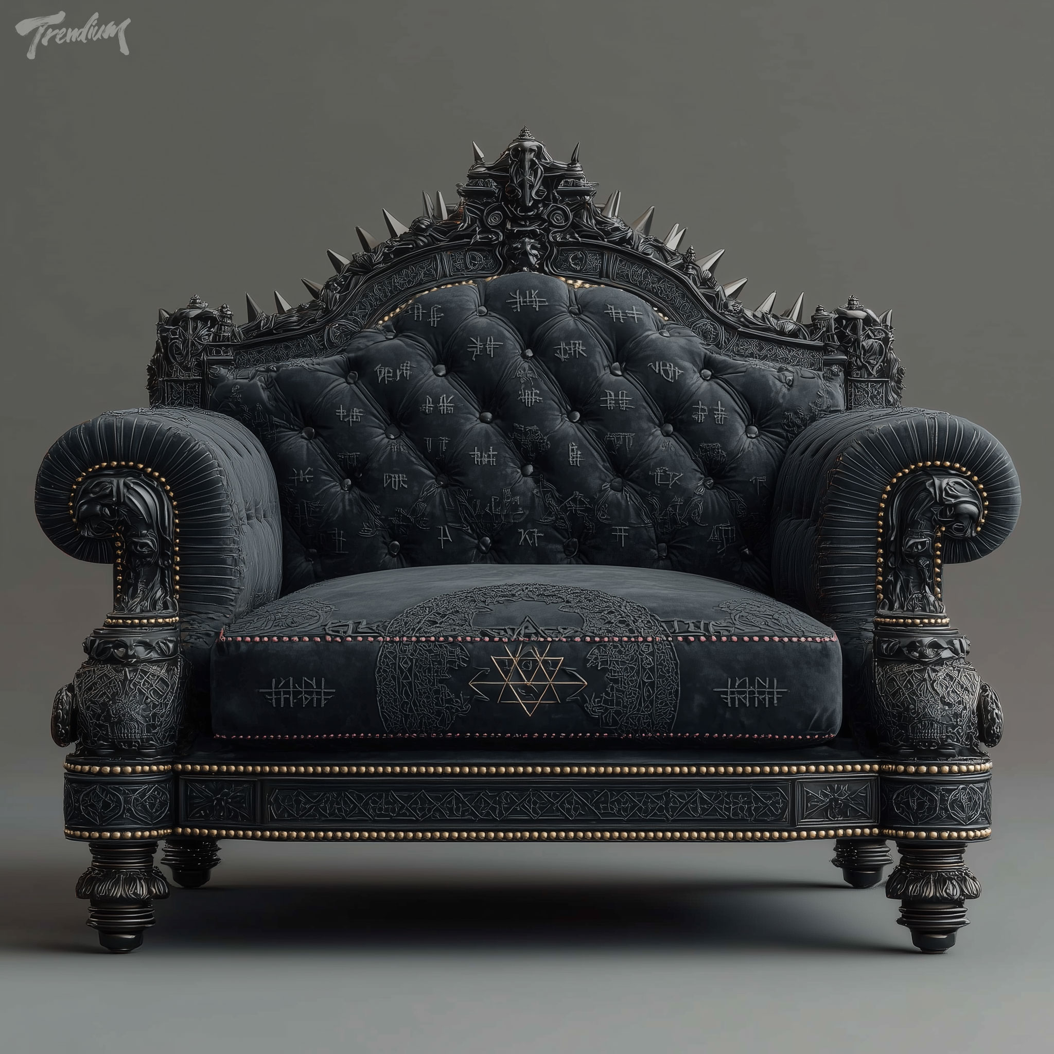 [prompt] cybersigilism couch, intricate blackwork sigil carvings on obsidian velvet upholstery, thorned geometric armrests, void black interior, editorial shot --raw --stylize 400 --chaos 3 --weird 7