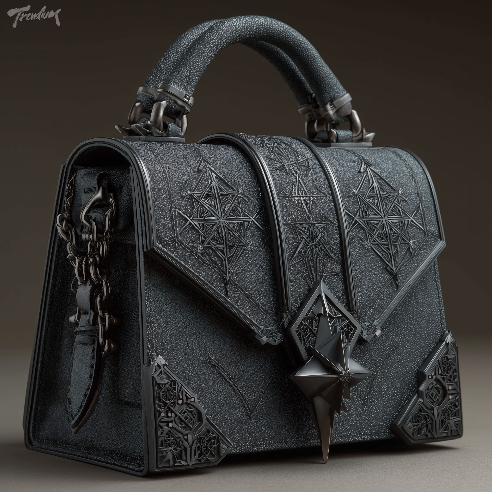 [prompt] cybersigilism luxury bag, structured black leather with laser-etched sigil patterns, biomechanical angular hardware, thorned clasp detail, obsidian surface, high-end product shot --raw --stylize 450 --chaos 2 --weird 8