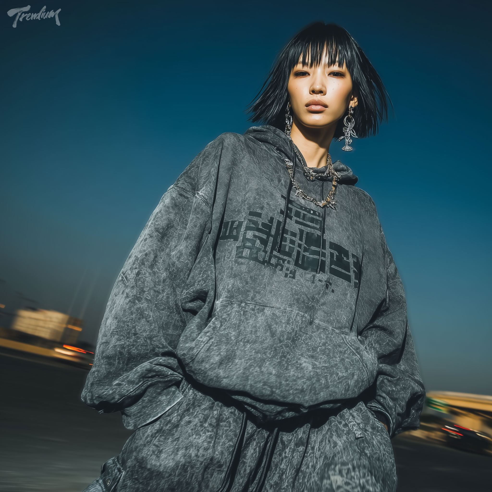 [prompt] cybersigilism sportswear collection, a young korean female model, sigil-printed hoodie and jogger set, runic geometric patterns on chest and thighs, dark techno aesthetic, urban night background, walking toward camera, coat flowing, over-the-shoulder glance, motion shot --raw --stylize 650