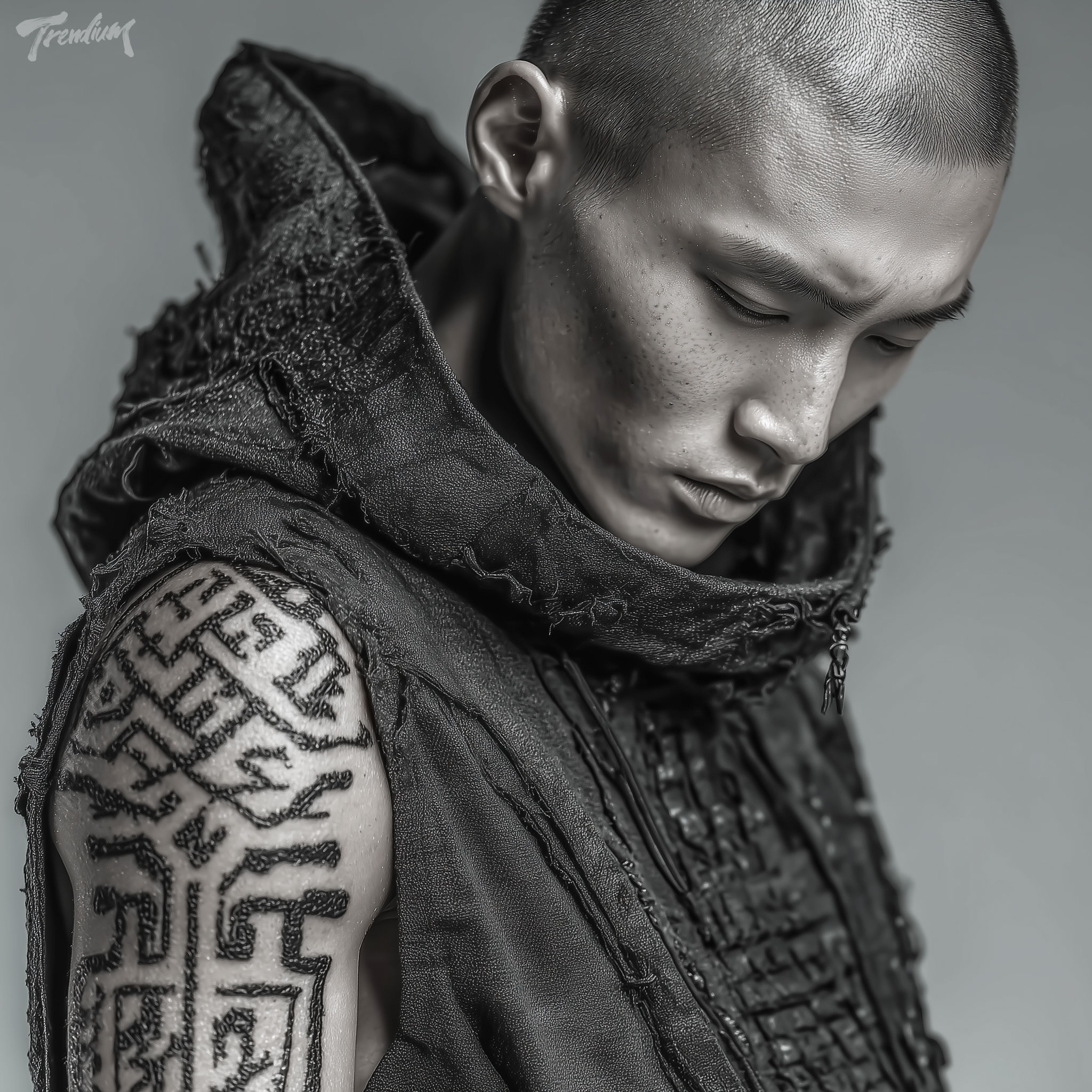[prompt] A street fashion portrait of a 21-year-old Korean male model in an techwear vest, showing his forearm covered in intense blackwork tattoo with intricate cyber sigil patterns. sharp angular lines, thorned geometry, void black ink, gritty digital noise texture, liminal studio background --raw --stylize 300