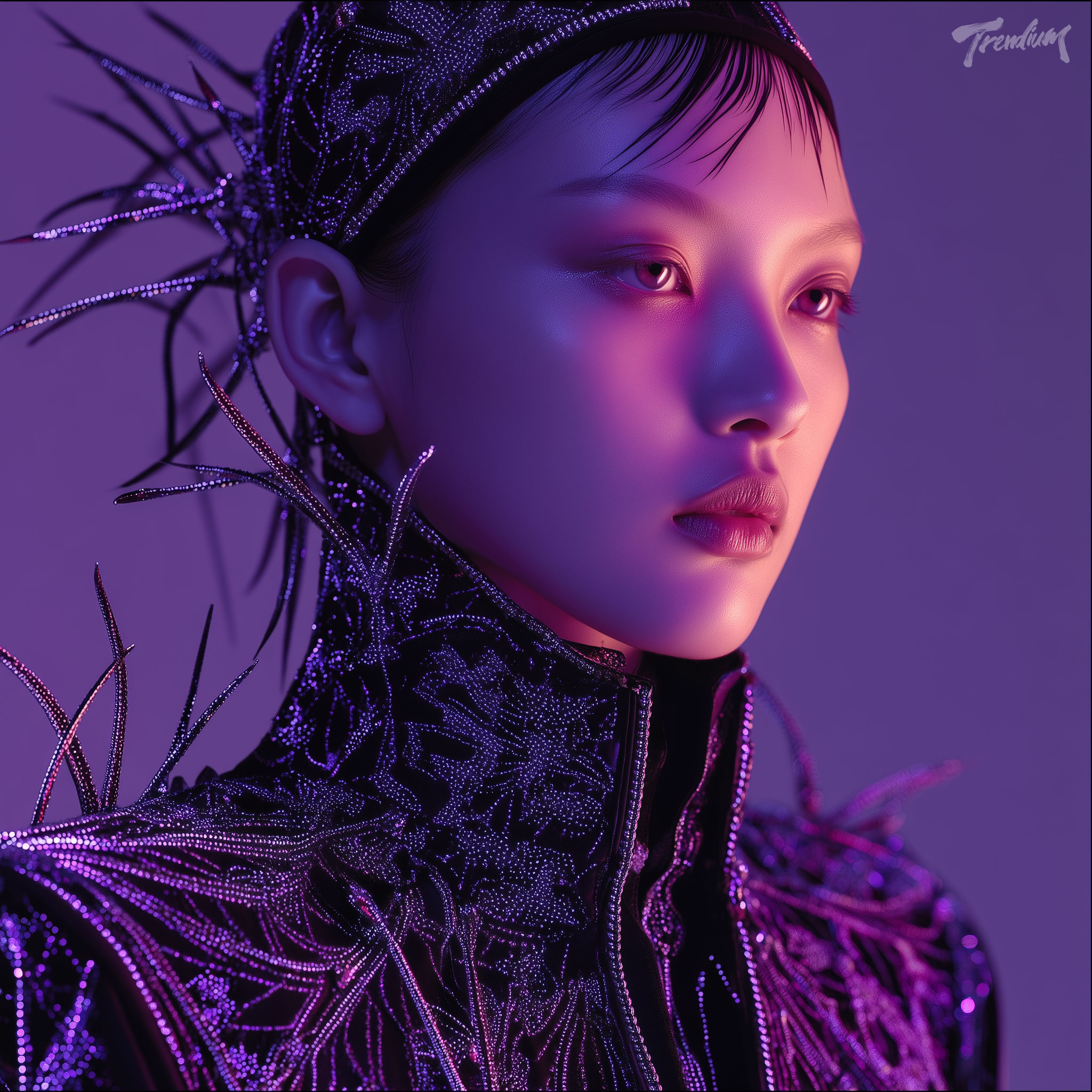 [prompt] A high-end dark couture fashion editorial, a young Korean model wearing an avant-garde outfit with intricate cyber sigilism embroidery. void black silk fabric, chrome silver thorned geometry patterns reflecting neon purple accent lights. arcane tech vibe, minimal dark void background, Elden Ring aesthetic, highly detailed --raw --stylize 230
