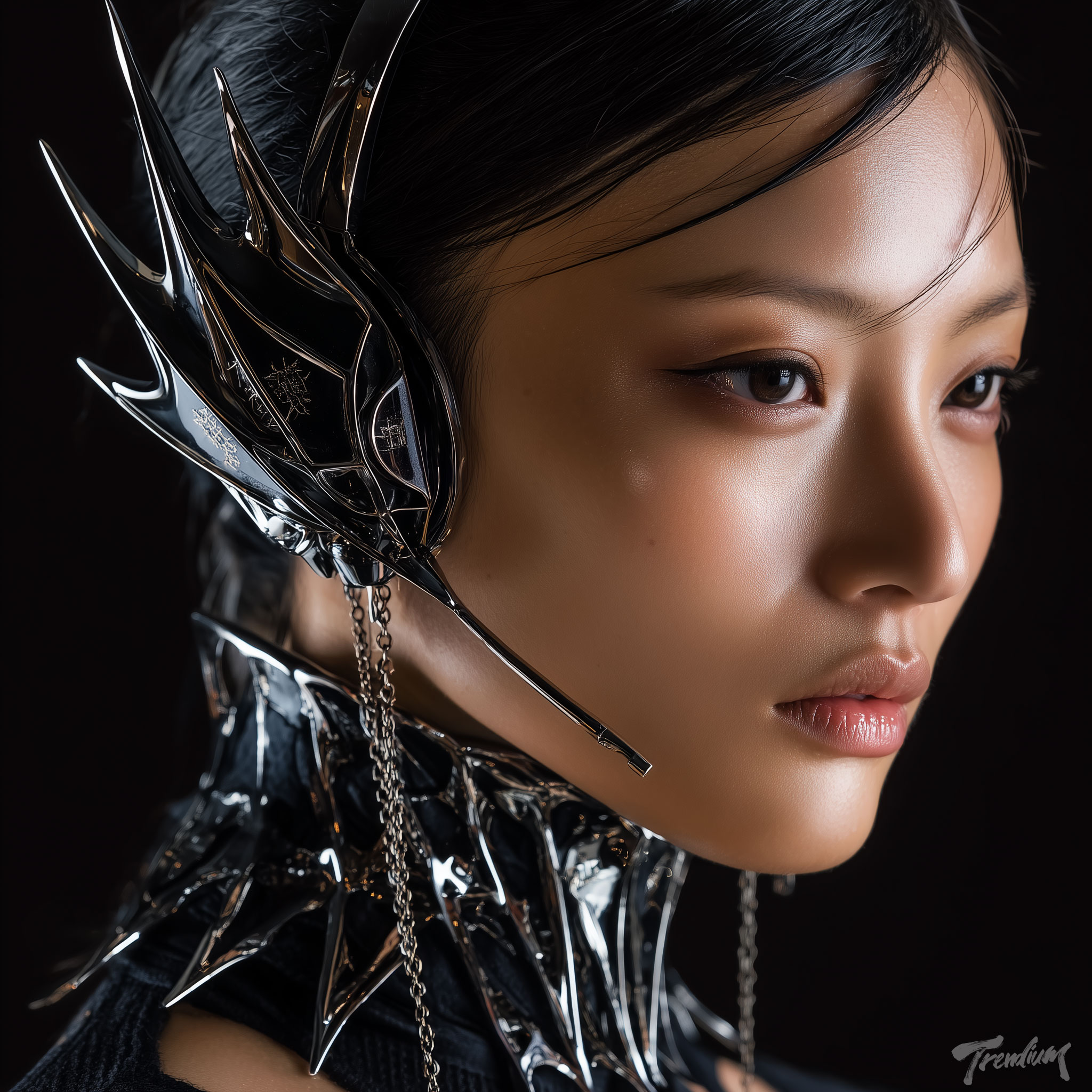 [prompt] Macro portrait of a 23-year-old Korean female model wearing sculptural accessories, head phone, a dark couture metallic earpiece with thorned geometry and subtle sigil glyph engravings. void black background, chrome silver reflections, sharp fine-line detail --raw --stylize 250 --chaos 1