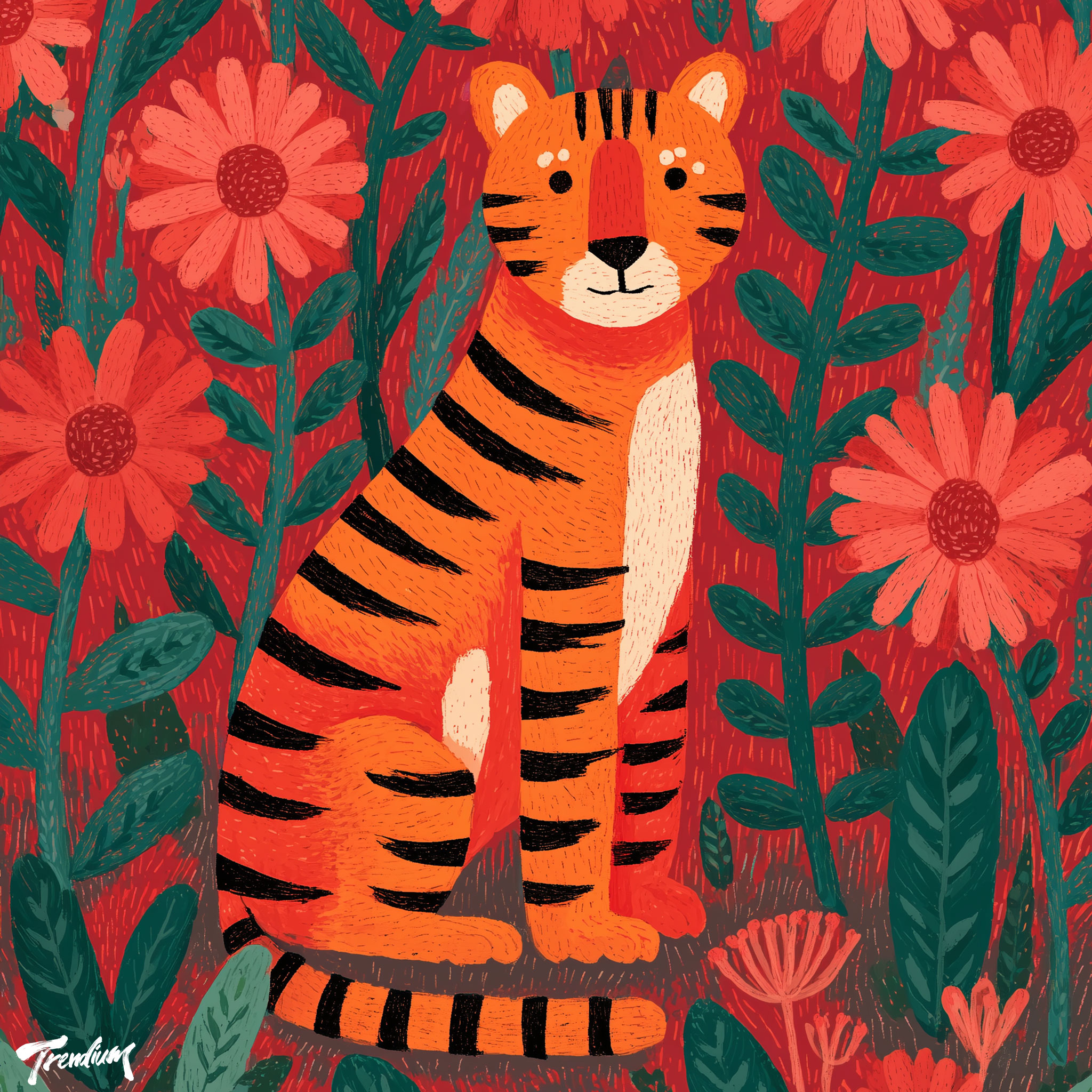 [prompt] Folk naive illustration. A flat tiger with mismatched stripes sitting in a stylized garden full of oversized red daisies and simple green leaves. Saturated bright color palette, raw oil pastel texture, no gradient shadows --raw