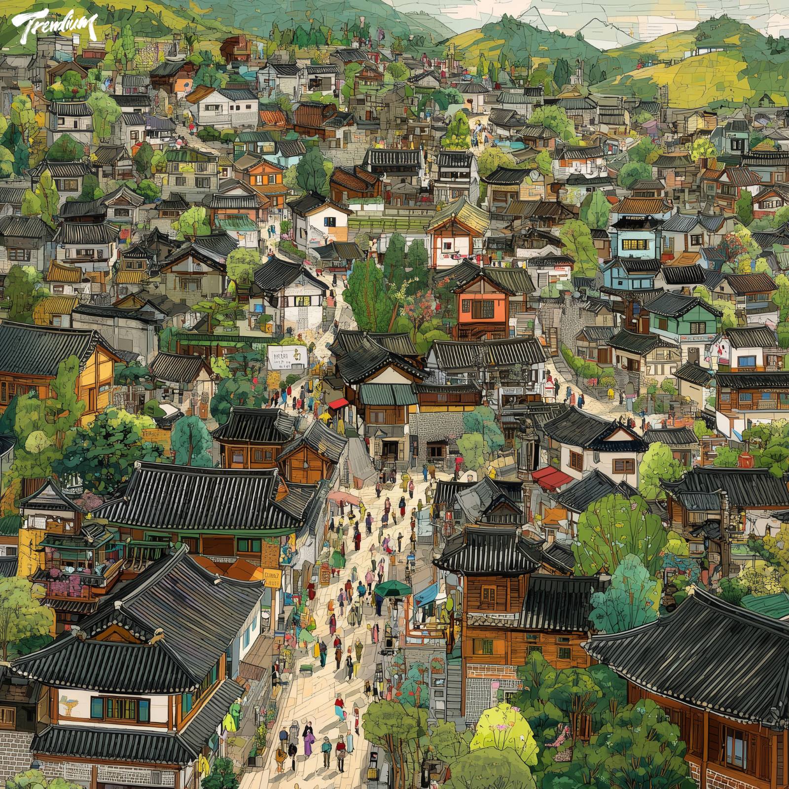 [prompt] A panoramic view of Seochon village in Seoul, Grandma Moses style, crowded tiny traditional Hanok houses, exaggerated figures walking, childlike warmth, naive color palette, storybook feeling