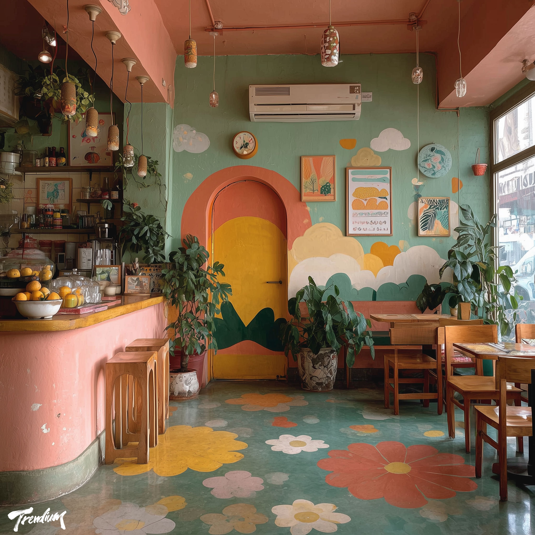 [prompt] naive art cafe interior, hand-drawn signage, irregular painted walls, folk art mural, childlike warmth, earthy palette --raw --stylize 300