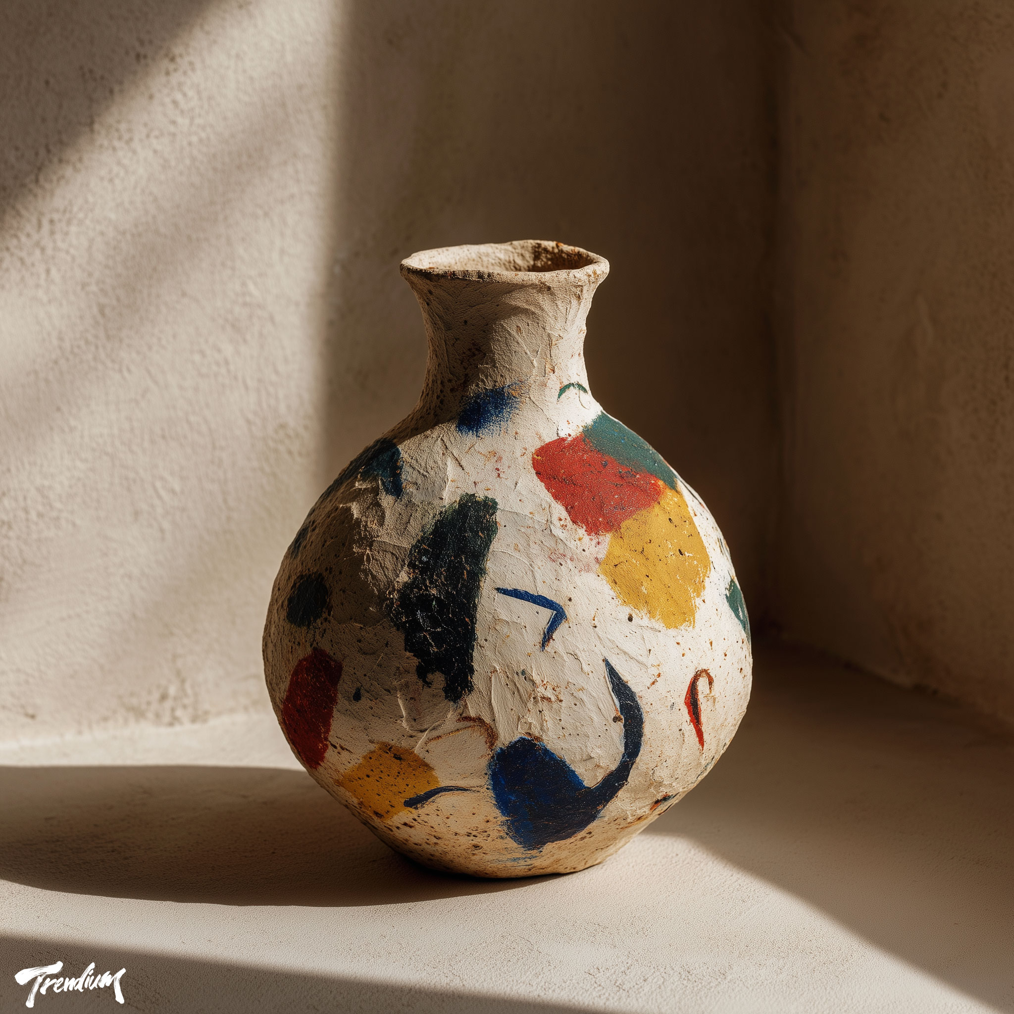 [prompt] A handmade uneven ceramic vase, primitive folk art illustration painted on its surface, crayon smudge texture, wobbly contours, minimal abstract figures, raw aesthetic, matte finish, soft shadow