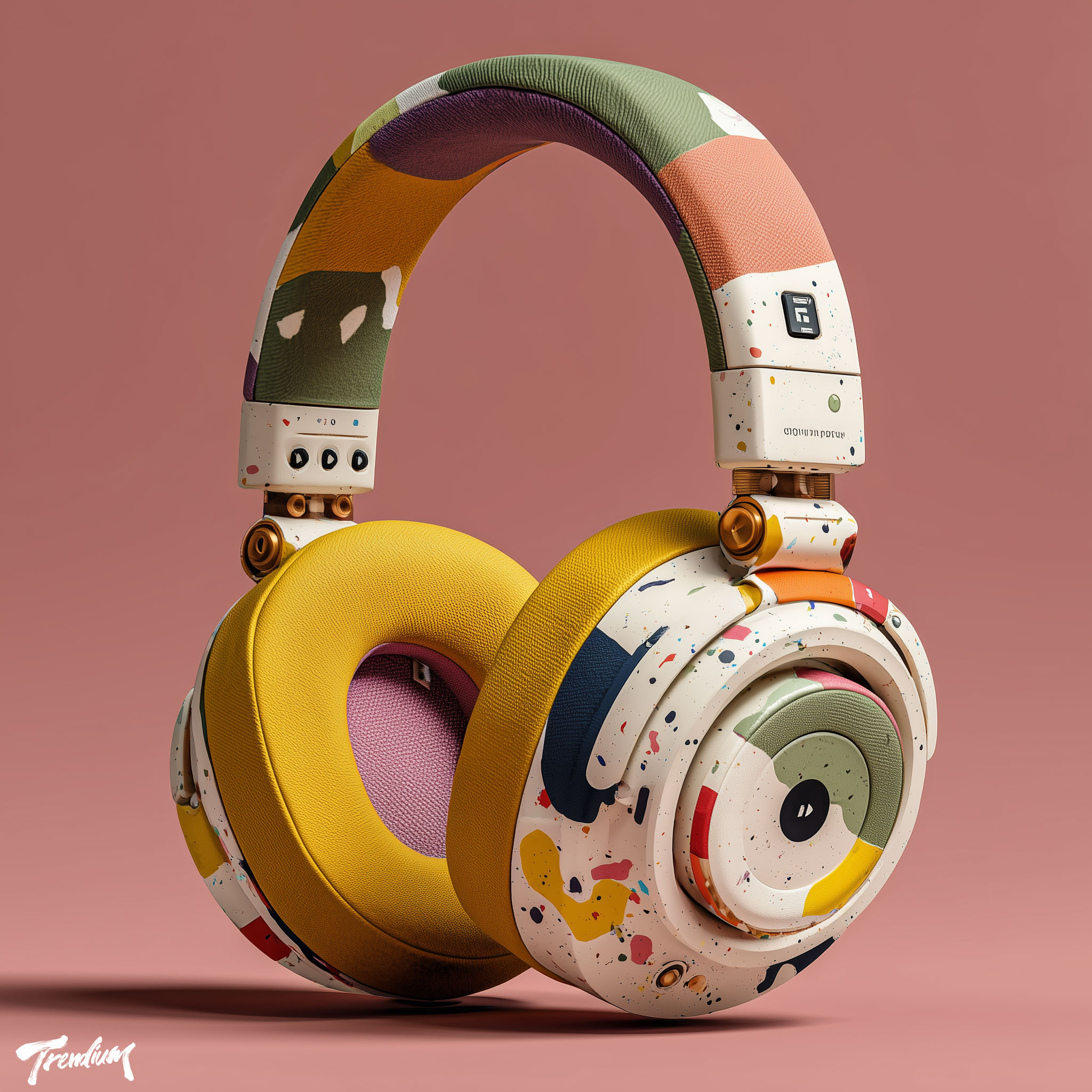 [prompt] Premium wireless headphones, naive art design language, chunky simplified shapes, intentional imperfection, matte pastel rubber texture, charming mistakes, studio product photo --raw --stylize 550