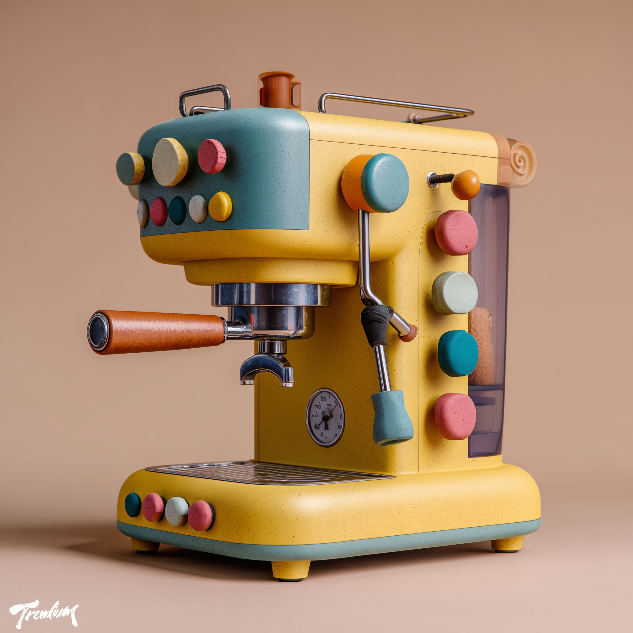 [prompt] A mini espresso machine, naive art concept, clumsy bulbous shapes, disproportionate oversized knobs, flat primary colors, matte finish, organic product design, studio lighting