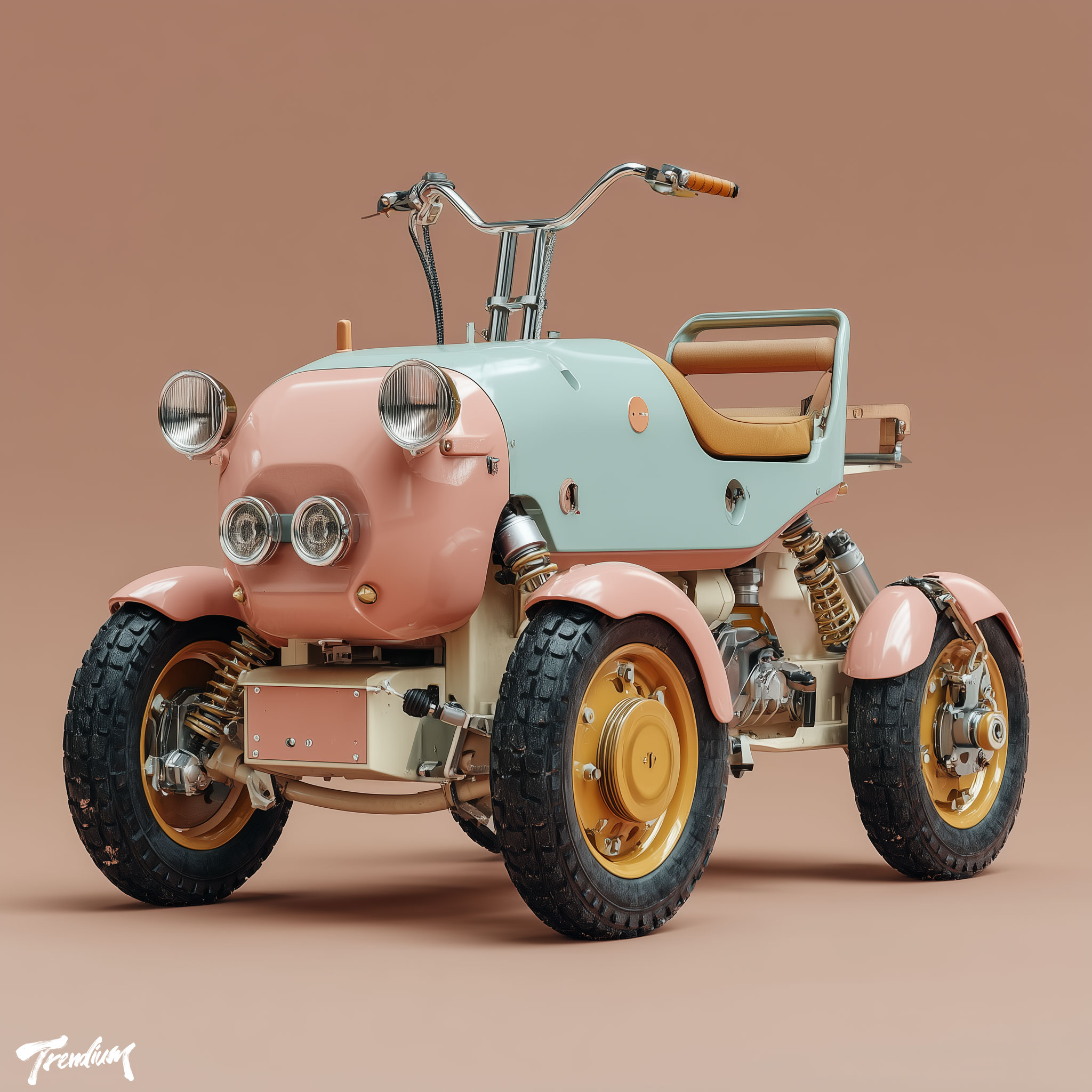 [prompt] A minimalist electric car inspired by naive art, asymmetrical chassis, uneven hand-sculpted contours, raw aesthetic, matte pastel finish, product design photography, studio lighting --weird 3 --raw --stylize 450