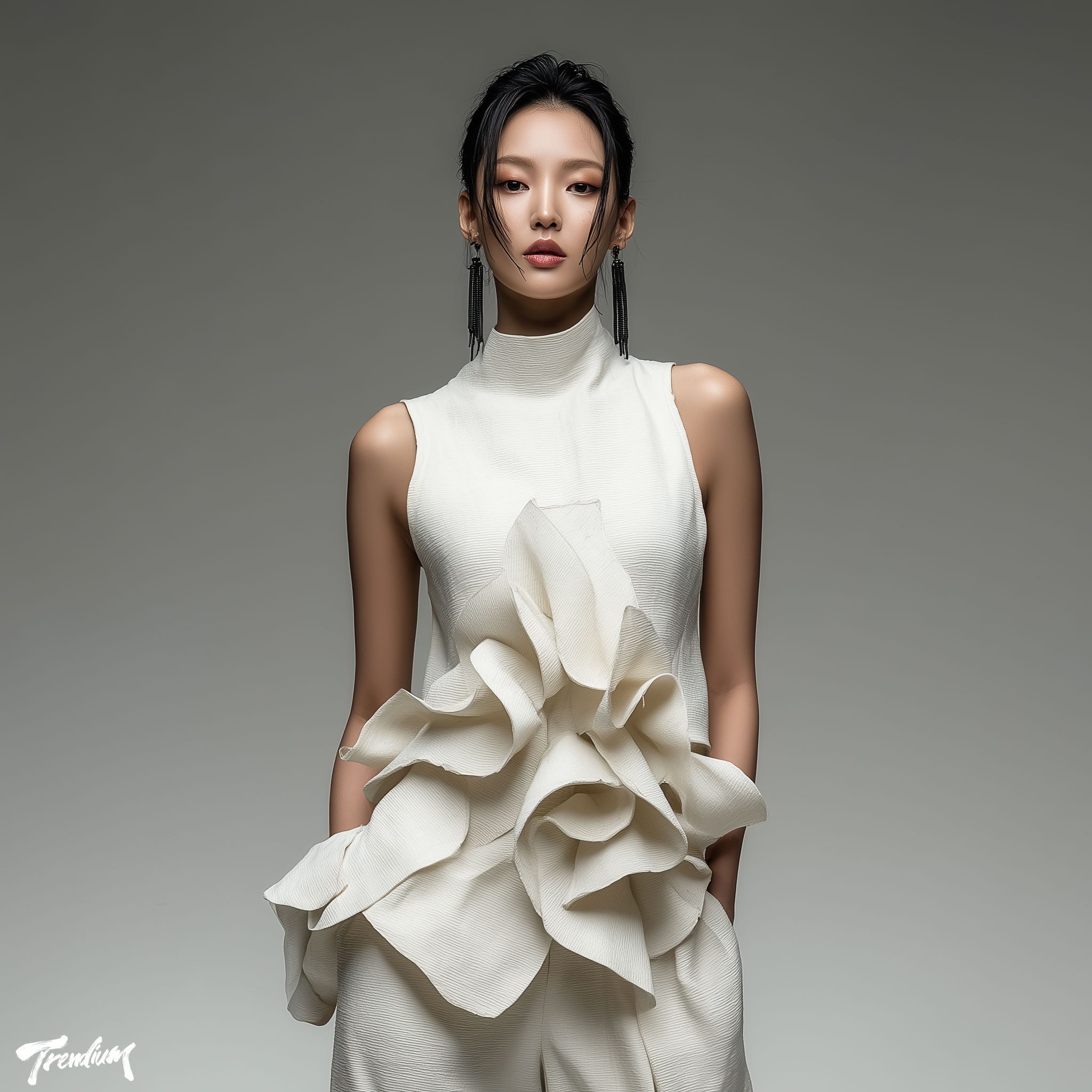 [prompt] A high-fashion editorial of a Korean female model wearing a naive art inspired top, asymmetrical hand-sculpted clay silhouette, uneven contours, striking visual impact, studio lighting --raw --stylize 550