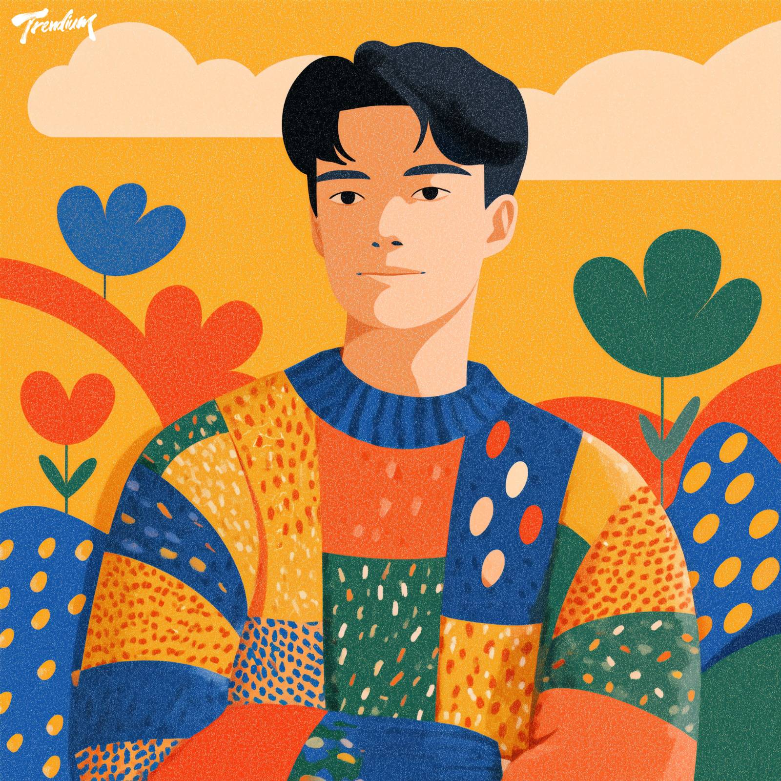[prompt] A fashion portrait of a young Korean male model wearing a chunky knitted sweater, naive art style illustration pattern, simplified floral motif, bold primary color blocks, playful and warm