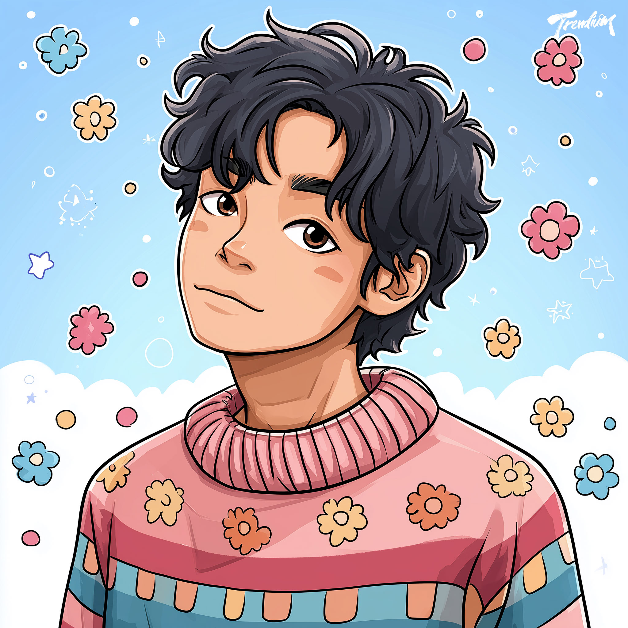 [prompt] A fashion portrait of a young Korean male model wearing a chunky knitted sweater, naive art style illustration pattern, simplified floral motif, bold primary color blocks, playful and warm --sref 3748291064