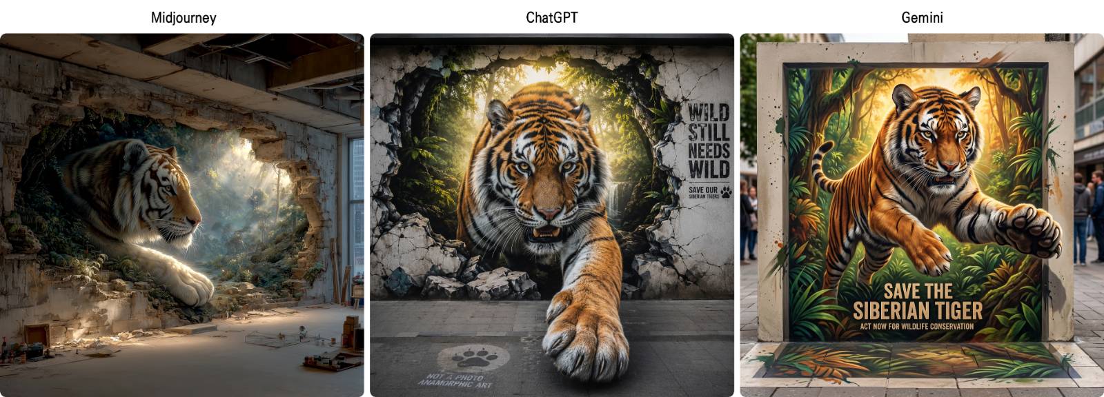[prompt] Anamorphic 3D tiger street art, a Siberian tiger appearing to leap out of a wall mural toward the viewer, fur texture hyperrealistic, paw extended into real space, dramatic backlit jungle atmosphere, wildlife conservation campaign aesthetic