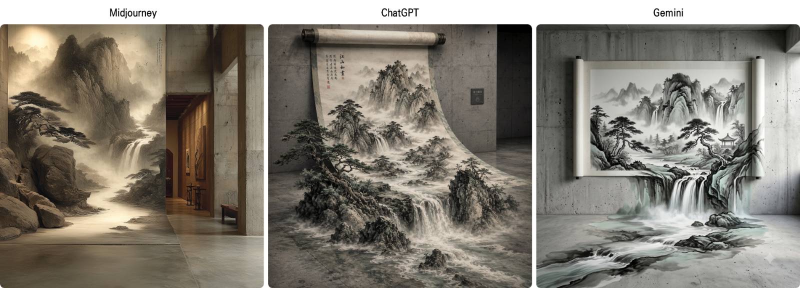 &nbsp; 

[prompt]

Anamorphic ink wash painting illusion, a traditional East Asian landscape scroll appears to unroll from a concrete wall into physical space misty mountains, pine trees, and a waterfall extending into the real room ink and water texture, monochrome with subtle celadon tones --stylize 400