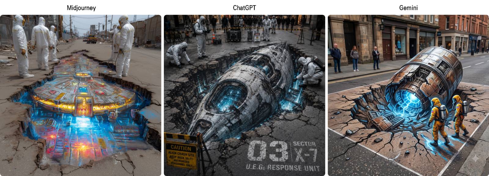 [prompt] Anamorphic sci-fi street art, a spaceship crash site emerging from a cracked city road, the spacecraft hull half-buried in the asphalt, alien energy glowing from the wreckage, emergency crews in hazmat suits, cinematic photorealistic chalk art, single viewpoint --stylize 500 --raw