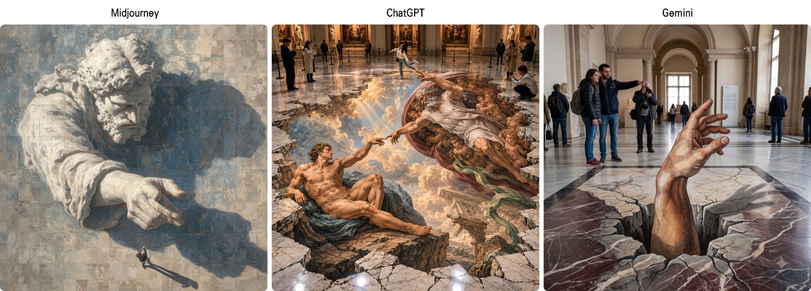 [prompt] Anamorphic trompe l'oeil painting on a museum floor, Michelangelo's Creation of Adam appearing as a 3D illusion God's hand reaching upward from the marble floor in real space classical fresco technique meets street art, visitors photographing from single viewpoint --stylize 400
