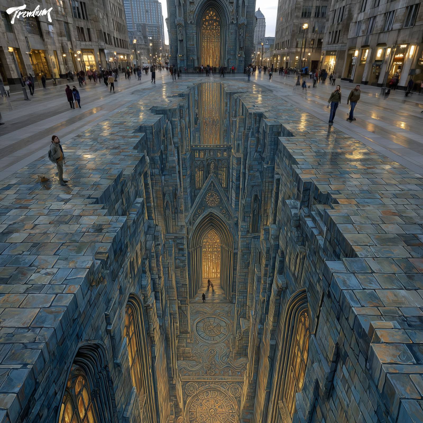 [prompt] Anamorphic 3D illusion on a city plaza floor, a towering gothic cathedral emerging upward from the pavement, intricate stone carvings and flying buttresses in hyperrealistic chalk art style, bystanders dwarfed by the scale, dramatic side lighting --stylize 500