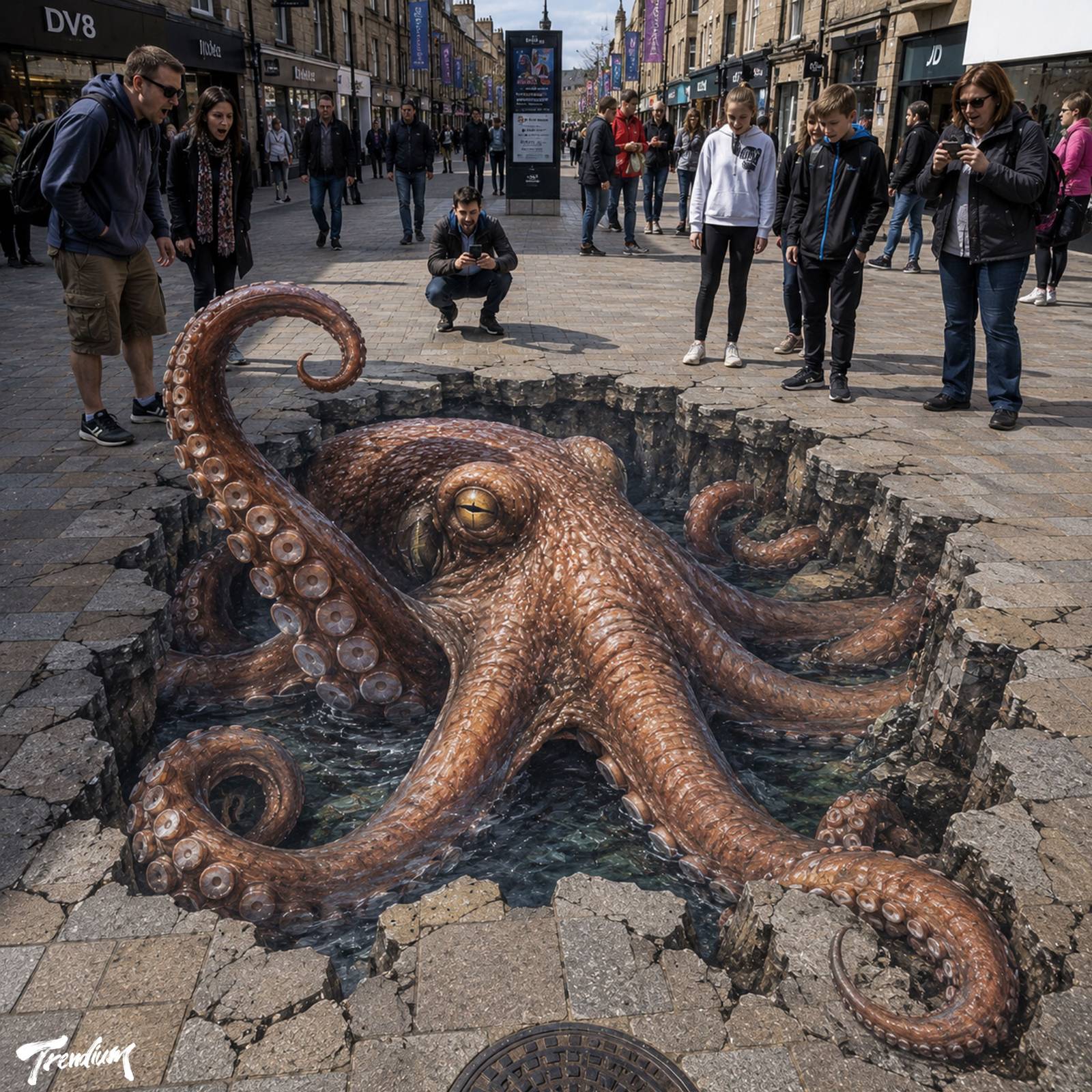 [prompt] anamorphic 3D street art of a giant octopus emerging from a crack in the pavement, viewed from street level, ultra-realistic chalk art style, people standing around amazed