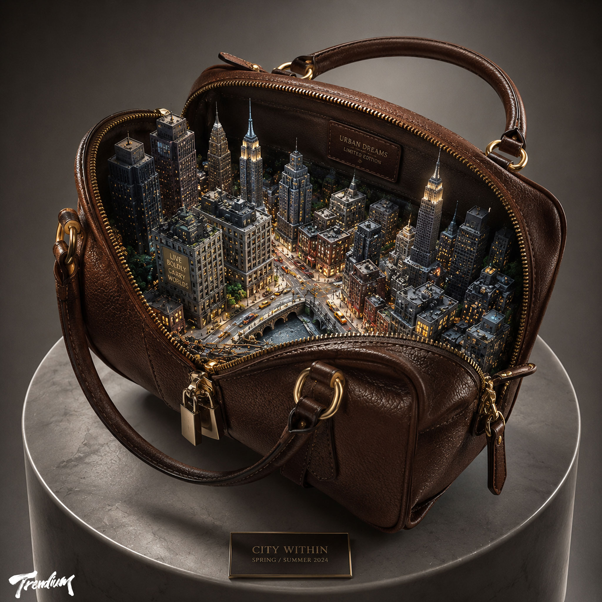 [prompt] Anamorphic product art, a leather handbag on a studio pedestal, the bag appears to open revealing a miniature 3D city inside tiny skyscrapers, streets, moving cars trompe l'oeil macro illusion, luxury fashion editorial lighting --stylize 400